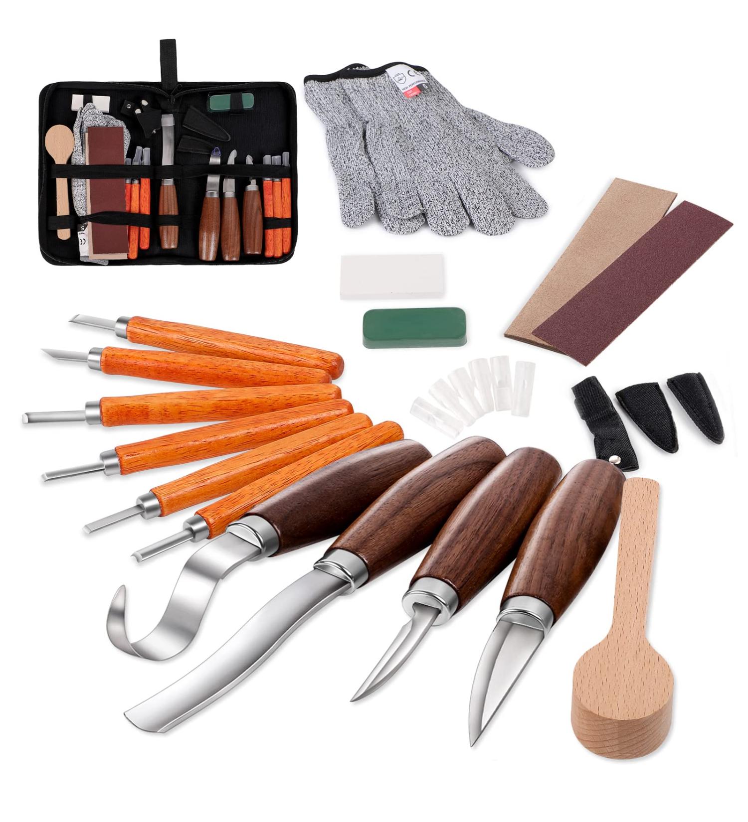 Wood Carving Tools Set with 6pcs SK2 Carbon Steel Knives - Beginner's Kit for Spoon, Bowl, Cup Woodwork | Detail and Hook Carving Knife with Round Handle Design (10pcs) - Buy Online on GoSupps.com