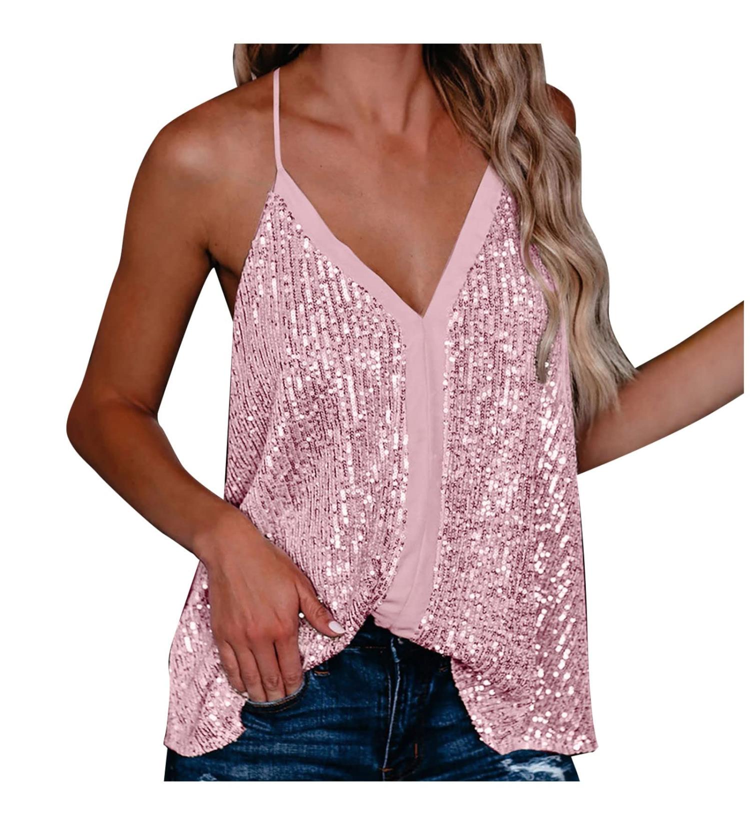 Buy Pink Caillettes Tops for Women - Glitter Sequin V-Neck Tunika Vest | Sparkle Party Sleeveless Camisole - XL - Buy Online on GoSupps.com