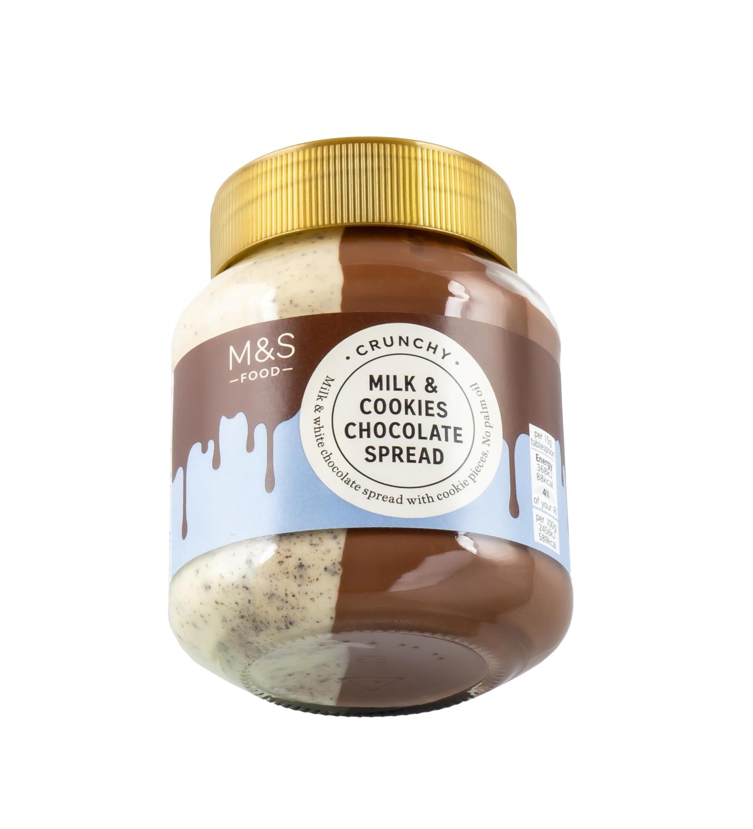 M&S Milk & Cookies Chocolate Spread Milk & White Chocolate Spread with Cookie Pieces Vegetarian 400g