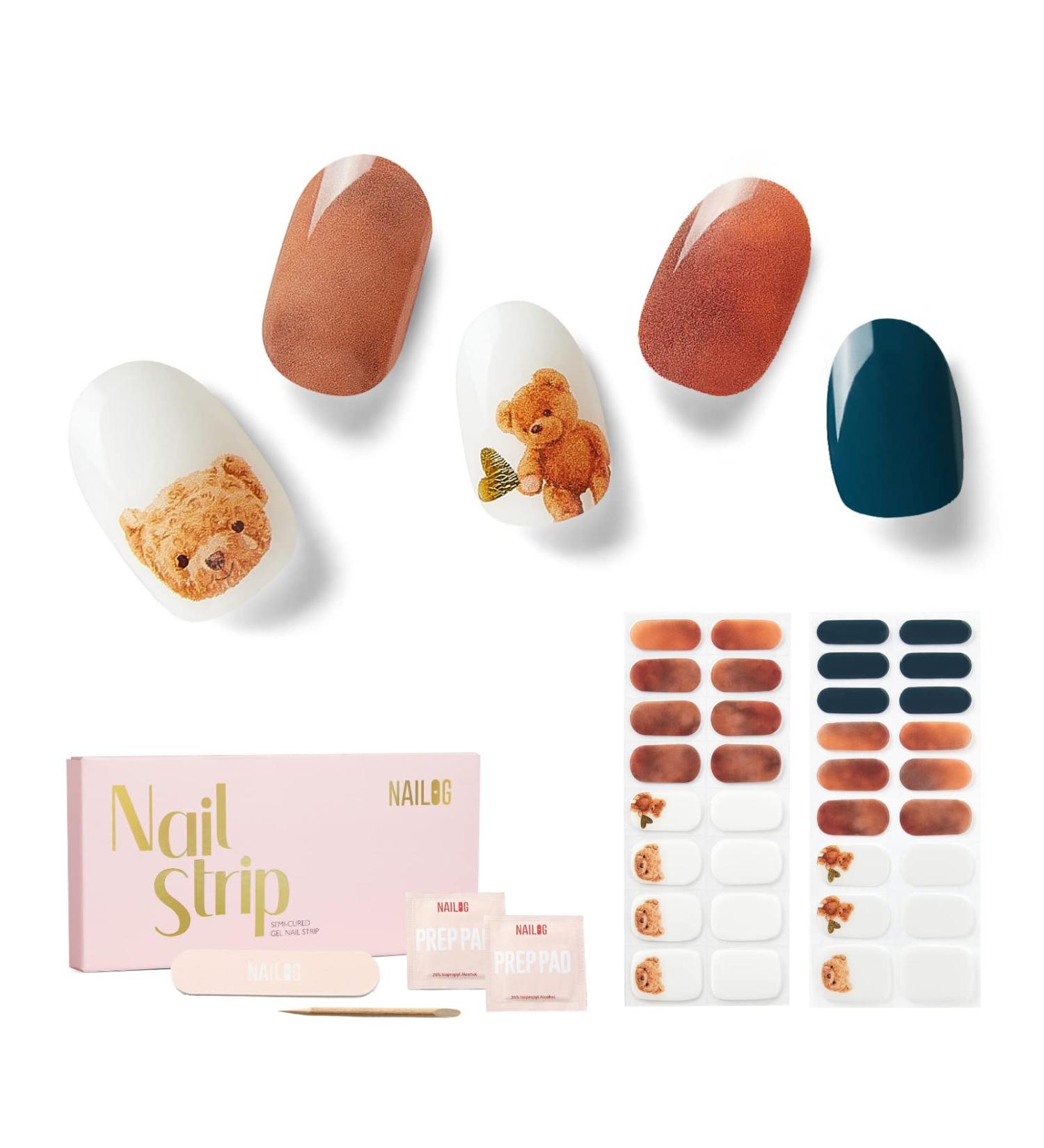NAILOG Semi Cured Gel Nail Strips 34 pcs Salon-Quality Gel Nail Stickers Long Lasting Nail Wraps for Women with Soft Gel Finish Animal Print Bear with Me - Buy Online on GoSupps.com