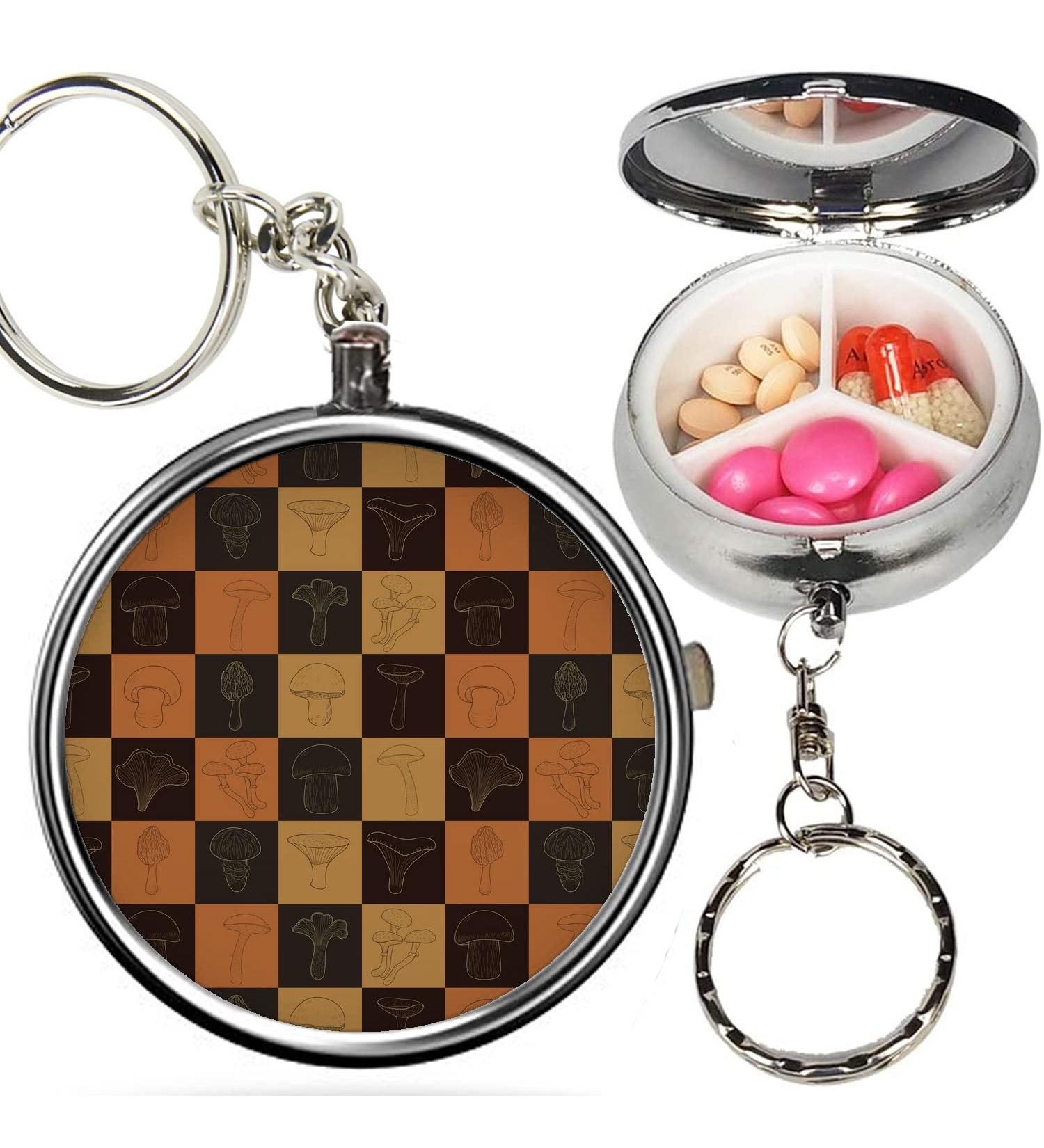 Pack of 2 - Portable Pill Organizer (Checkered Edible Mushrooms) Metal Medicine Box 3 Compartment Stash Vitamin Meds Case with Keychain