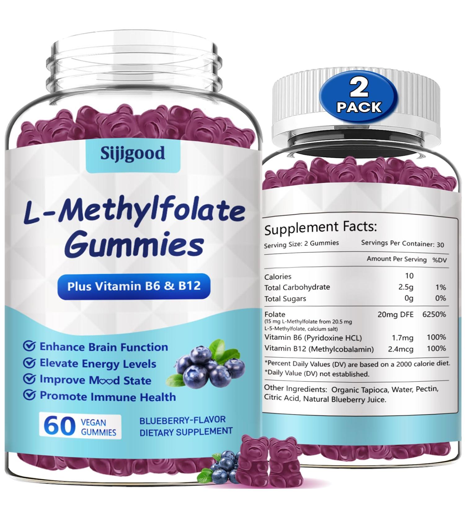 2 Pack L-Methylfolate Gummies with Methyl B12 - Empower Mood Optimize Brain Health & Fortify Immune System. Blueberry Flavor 120 Count. 60 Count (Pack of 2) - Buy Online on GoSupps.com
