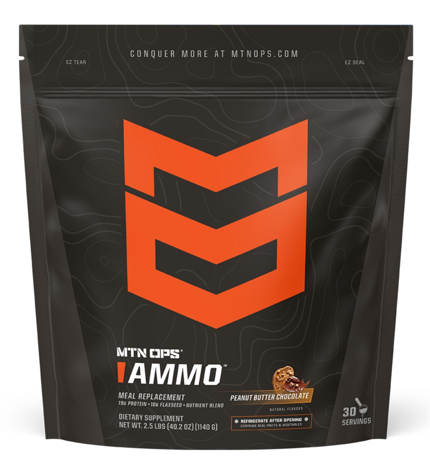 MTN OPS Ammo Meal Replacement Shake Powder 19g Protein 10g Flaxseed 4.5g Whole Foods Real Fruits & Vegetables Daily Nutrition & On-the-Go Fuel 30 Servings Peanut Butter Chocolate - Buy Online on GoSupps.com