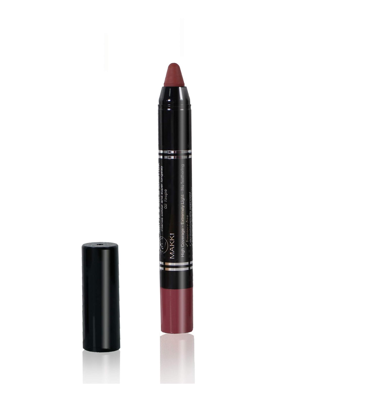  Makki Makki taupe lipstick: a bold matte twist-on shade with intense color a velvety finish very long-lasting wear (up to 18 hours) smudge-proof feather-free smooth and gliding and contains crushed pigments. - Buy Online on GoSupps.com