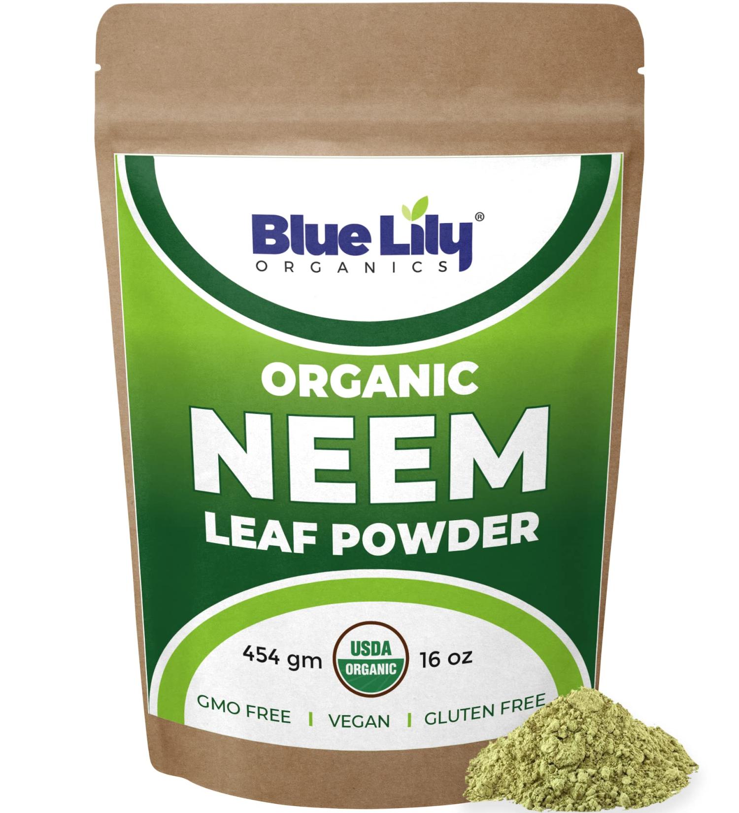 Organic Neem Leaf Powder 16 oz - USDA Certified, 100% Pure for Skin & Hair Care | Immune Support, All Hair & Skin Types - Blue Lily Neem Powder 1lb - Buy Online on GoSupps.com