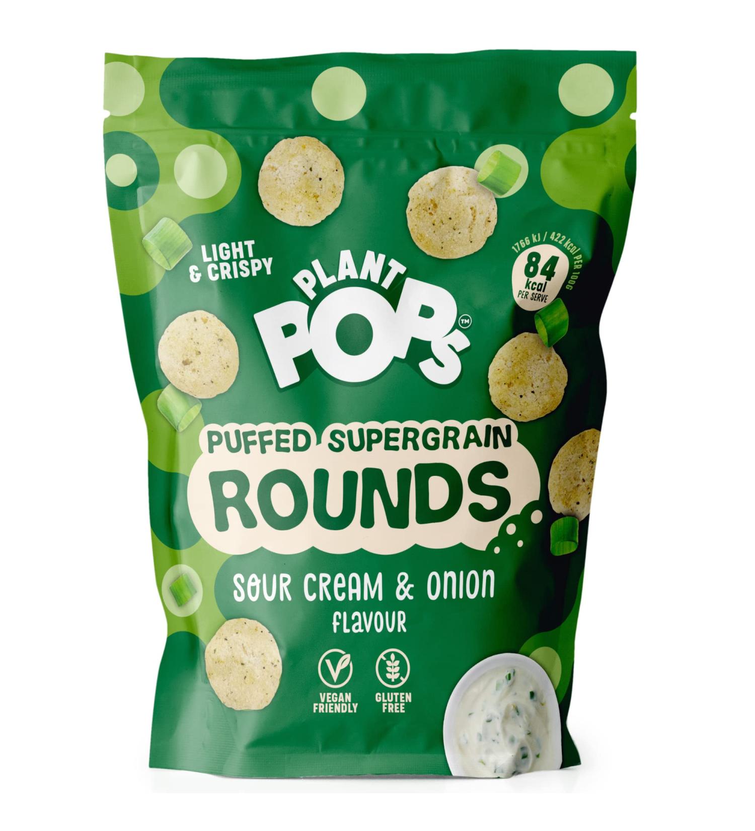 Plant Pops 100% Vegan Gluten Free and Low Calorie Sour Cream and Onion Supergrain Rounds Sharing Bag Snacks (3 Pack x 80g). High in Fibre Delicious Healthy Crisps 84 KCAL per serving. 3 Pack (80g) - Buy Online on GoSupps.com