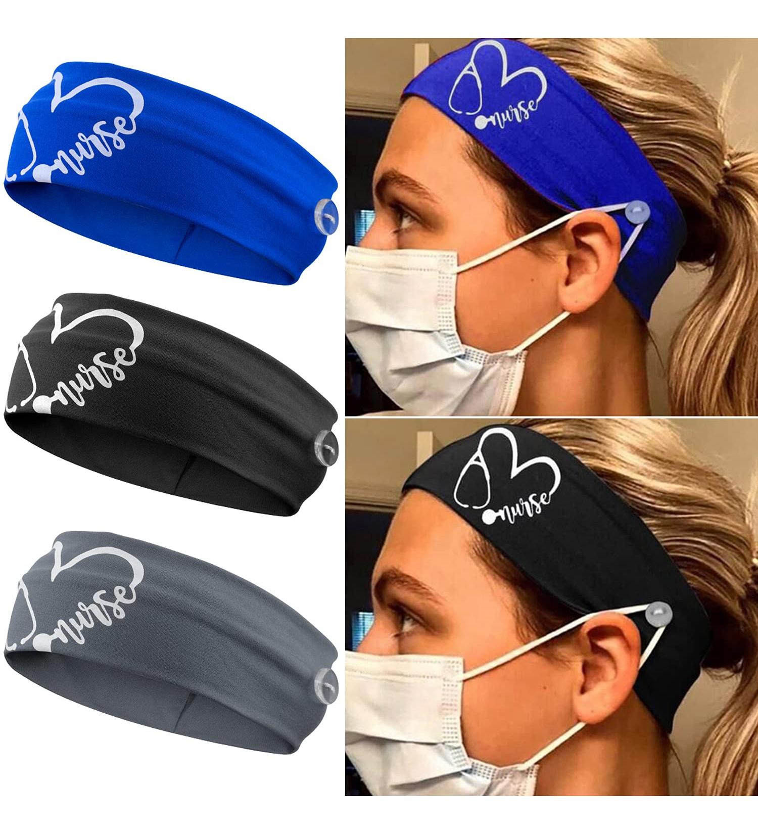 3 Pack Nurse Headbands with Buttons - Ear Pain Relief, Face Mask Holder, Elastic Hair Bands for Healthcare Workers (Blue, Black, Grey) - Buy Online on GoSupps.com