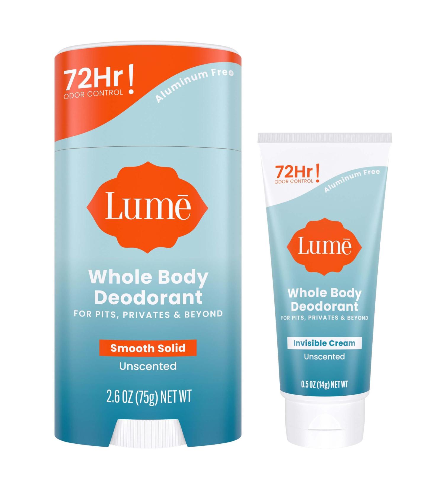 Lume Whole Body Deodorant - Invisible Cream Tube Mini + Solid Stick Bundle - 72 Hour Odor Control - Aluminum & Baking Soda Free Skin Loving (Unscented) - Buy Online on GoSupps.com