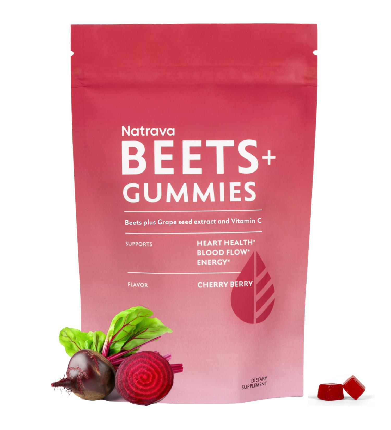Natrava Beets+ Gummies - Premium Beet Root Powder Grape Seed Extract and Vitamin C - Supports Healthy Blood Pressure and Heart Health - Low Sugar Nitric Oxide and Circulation Supplement - 50 Gummies - Buy Online on GoSupps.com