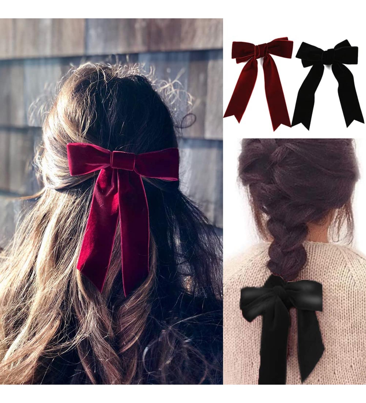 Bowknot Hair Clips - Red & Black Loop Clips | Large 14cm Clips with Satin Tape for Women & Girls - 2 Pieces - Buy Online on GoSupps.com