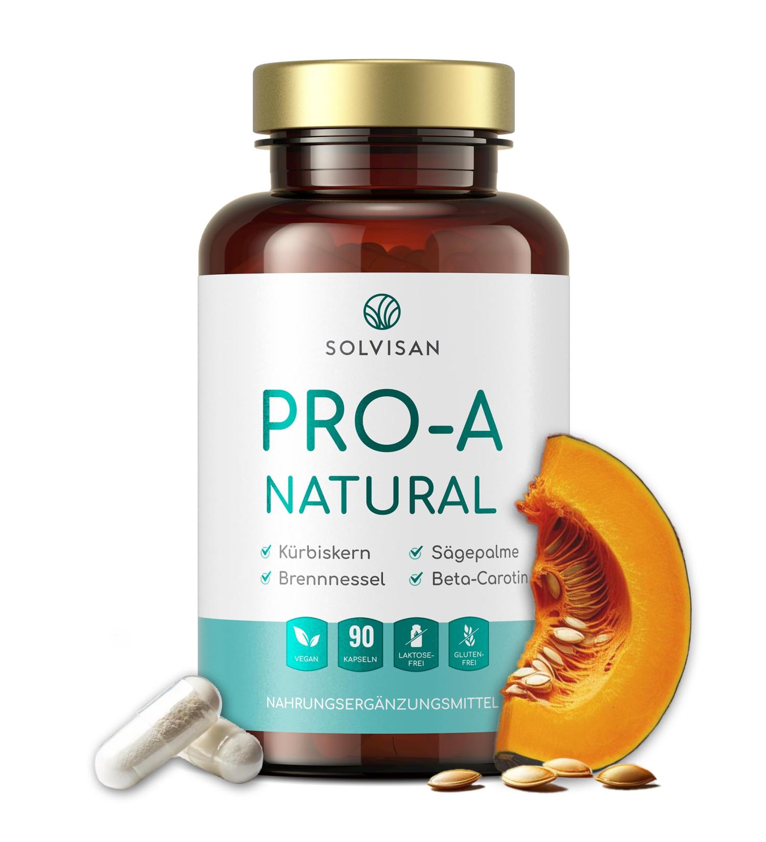 Solvisan Pro-A Natural - 500mg Pumpkin Seed 400mg Saw Palmetto 200mg Nettle Extract Selenium & Beta-Carotene - 90 Capsules for Optimal Health | International Shipping Available - Buy Online on GoSupps.com