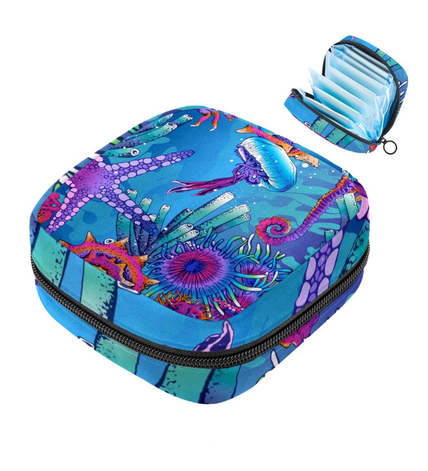 Stylish Menstruation Pad Bag with Zipper - Underwater Jellyfish & Coral Mussels Design | Women's Napkin & Tampon Collecting Bag - Buy Online on GoSupps.com
