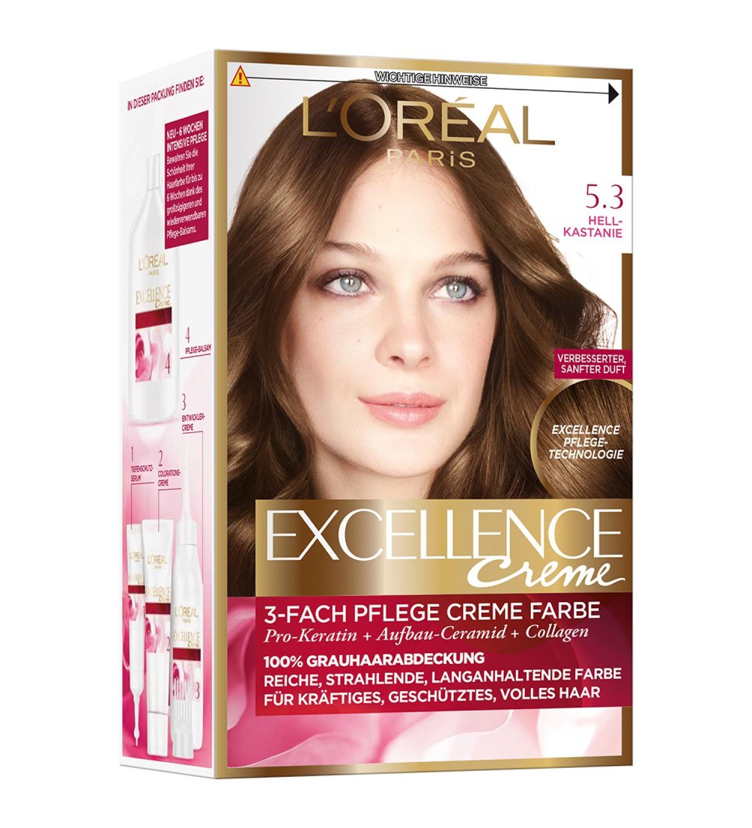 L'Oreal Paris L'Or al Paris Permanent Hair Color for Gray Hair 100% Gray Coverage Coloring Kit with Color Shampoo and Triple Conditioning Cream Excellence 5.3 Chestnut Cream