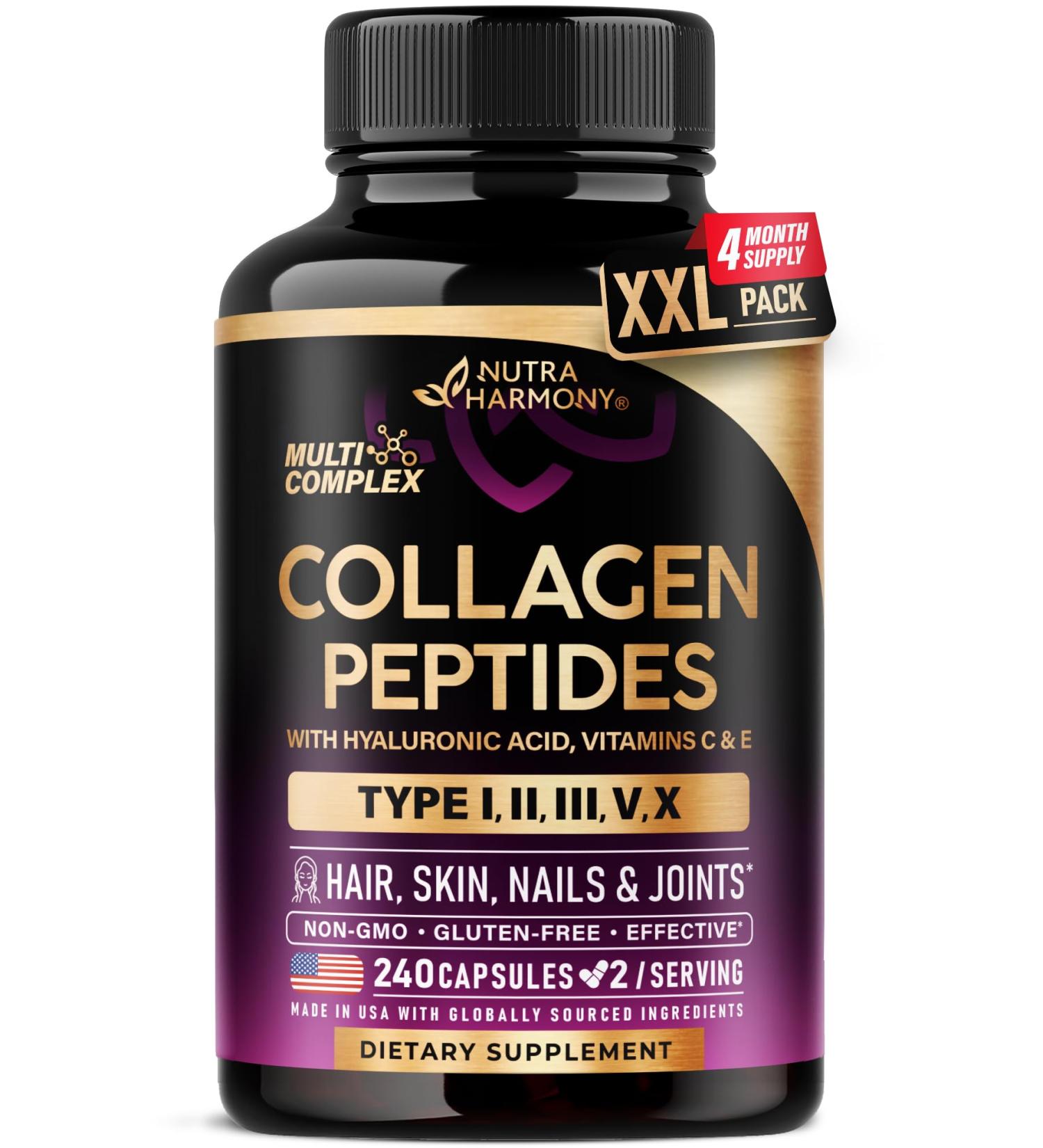 Multi Collagen Peptides - Hydrolyzed Types I, II, III, V & X - Collagen Supplement for Women 1300mg - w/ Hyaluronic Acid, Vitamins C & E - Skin, Hair, Nails & Joint Support - Made in USA, 240 Capsules 240 Count (Pack of 1) - Buy Online on GoSupps.com