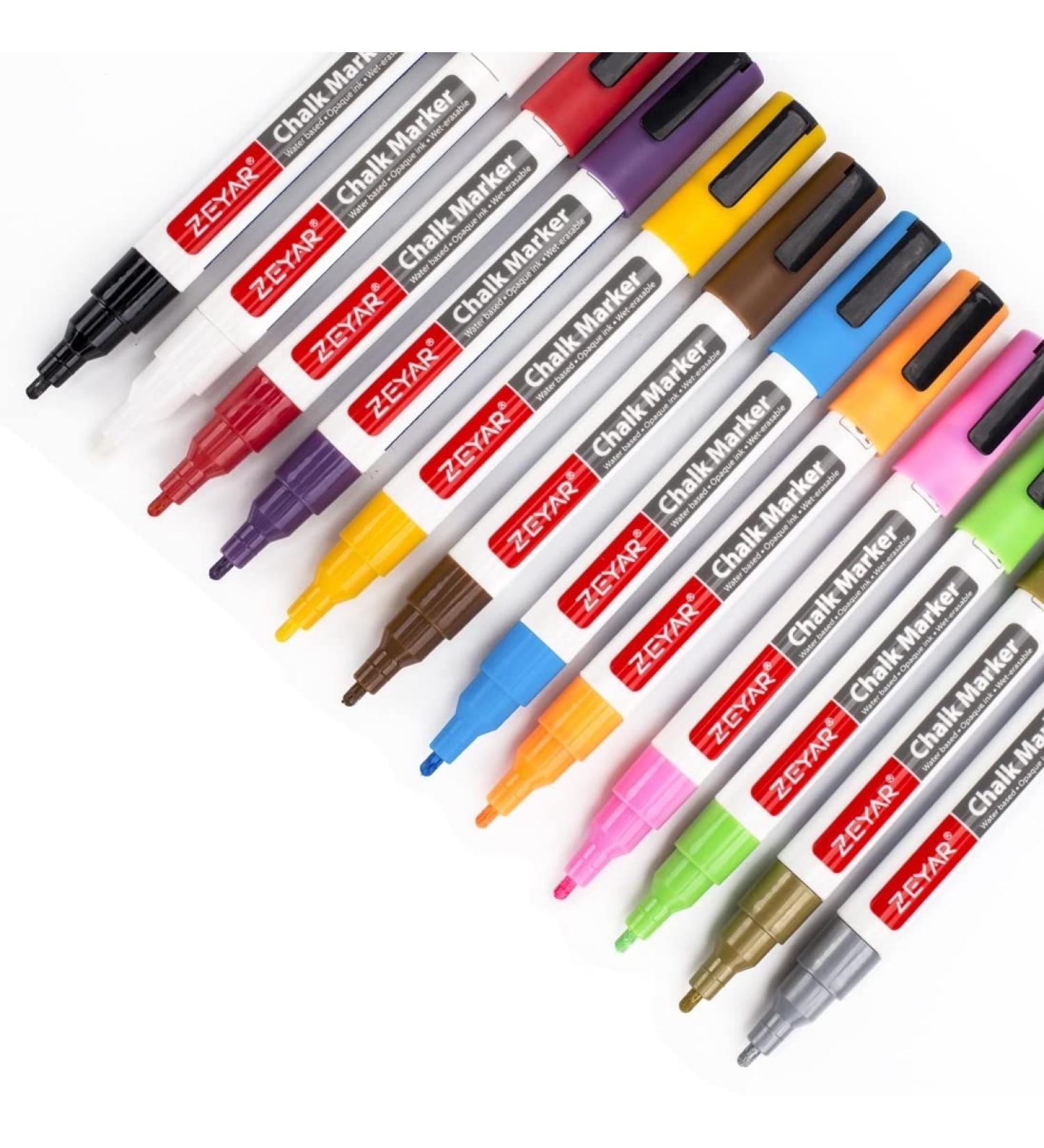 ZEYAR Liquid Chalk Marker 12 Colors - 3mm Fine Tip for Detailed Drawing | Writes on Chalkboards, Bistro Boards, Windows | Nonporous Surfaces | Wet Erase Marker - Buy Online on GoSupps.com