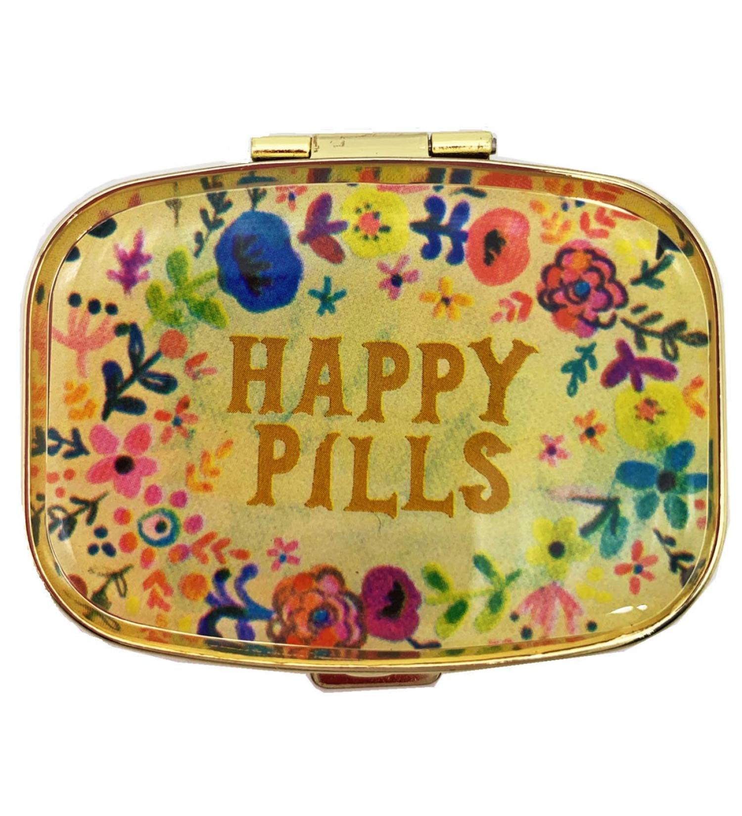 AmyZone Metal Pill Organizer - Travel Friendly Compact Pill Box for Vitamins & Supplements - Gold Happy Pills Case - Buy Online on GoSupps.com