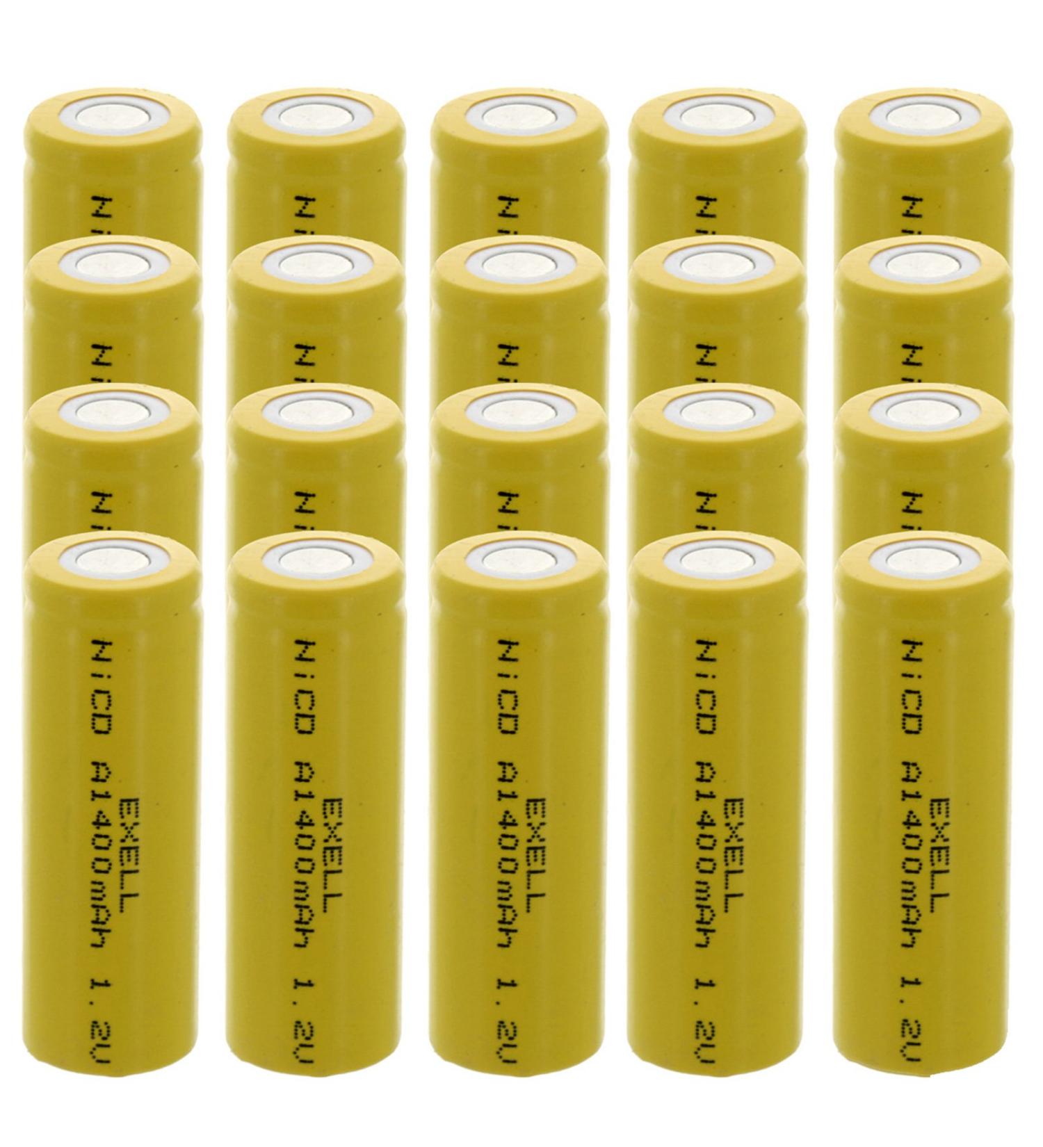 20x Exell A Size 1.2V 1400mAh NiCD Flat Top Rechargeable Batteries for high power static applications (Telecoms UPS and Smart grid) electric mopeds meters radios RC devices electric tools