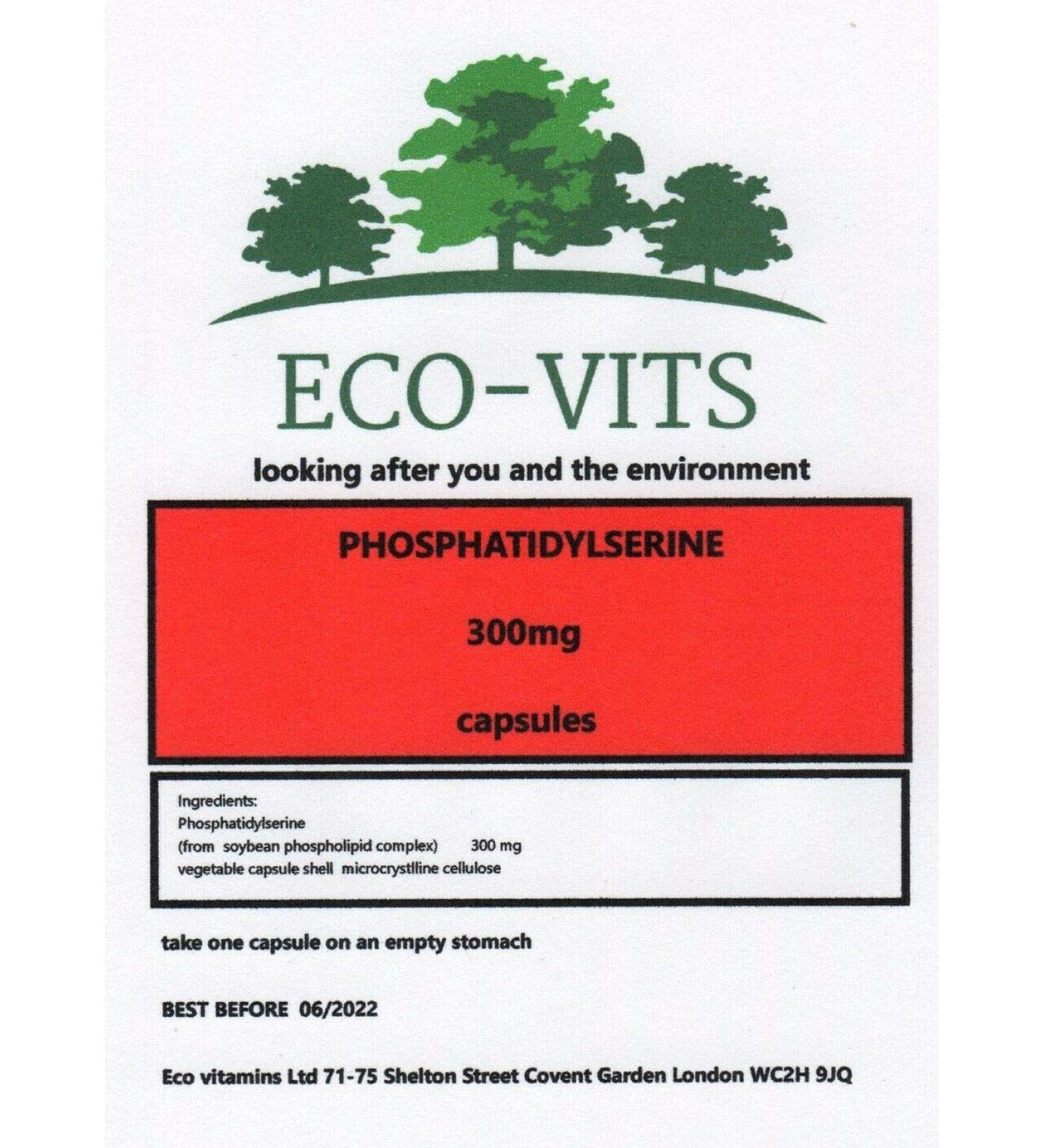 Eco-Vits ECO-VITS PHOSPHATIDYLSERINE (300MG) 60 CAPSULES. Biodegradable packaging. Sealed pouch.
