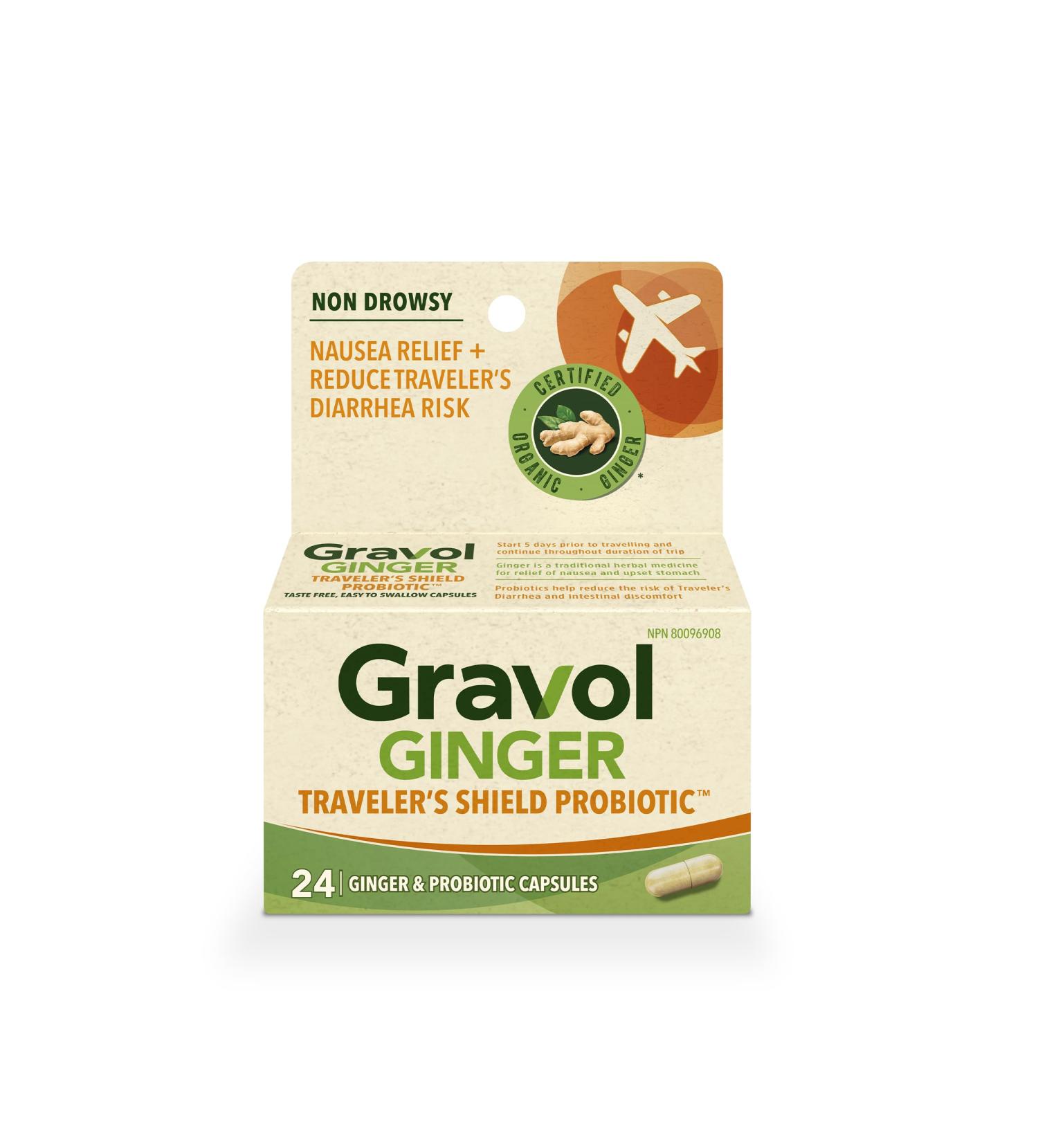 Gravol Ginger Traveler's Shield Probiotic - Nausea and Upset Stomach Relief - Reduces risk of Traveler's Diarrhea - Organic ginger with Probiotic - Non-Drowsy - 24 Capsules (Pack of 1) Ginger + Probiotic 24 Count (Pack of 1) - Buy Online on GoSupps.com
