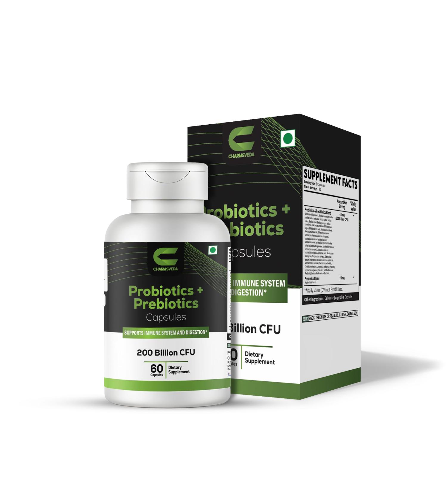 CHARMSVEDA Probiotics + Prebiotics Capsules Support Digestive & Gut Health Overall Wellness & Immune Support* 200 Billion CFU 60 Vegan Capsules - Buy Online on GoSupps.com
