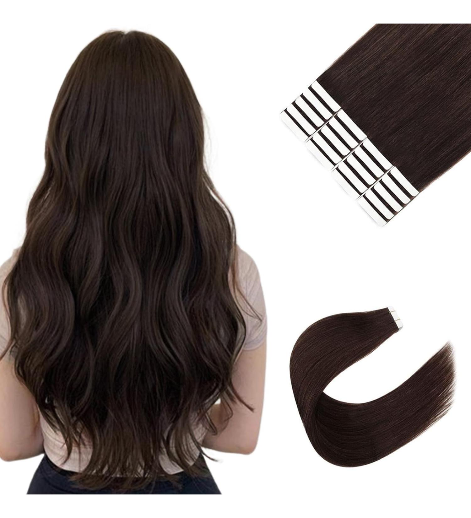 Sixstarhair Tape Extensions - 20Pcs 50g 45cm Real Remy Hair Dark Brown #2 Invisible Tape Ins for Thick Volume Ideal for Cancer Wigs - Buy Online on GoSupps.com