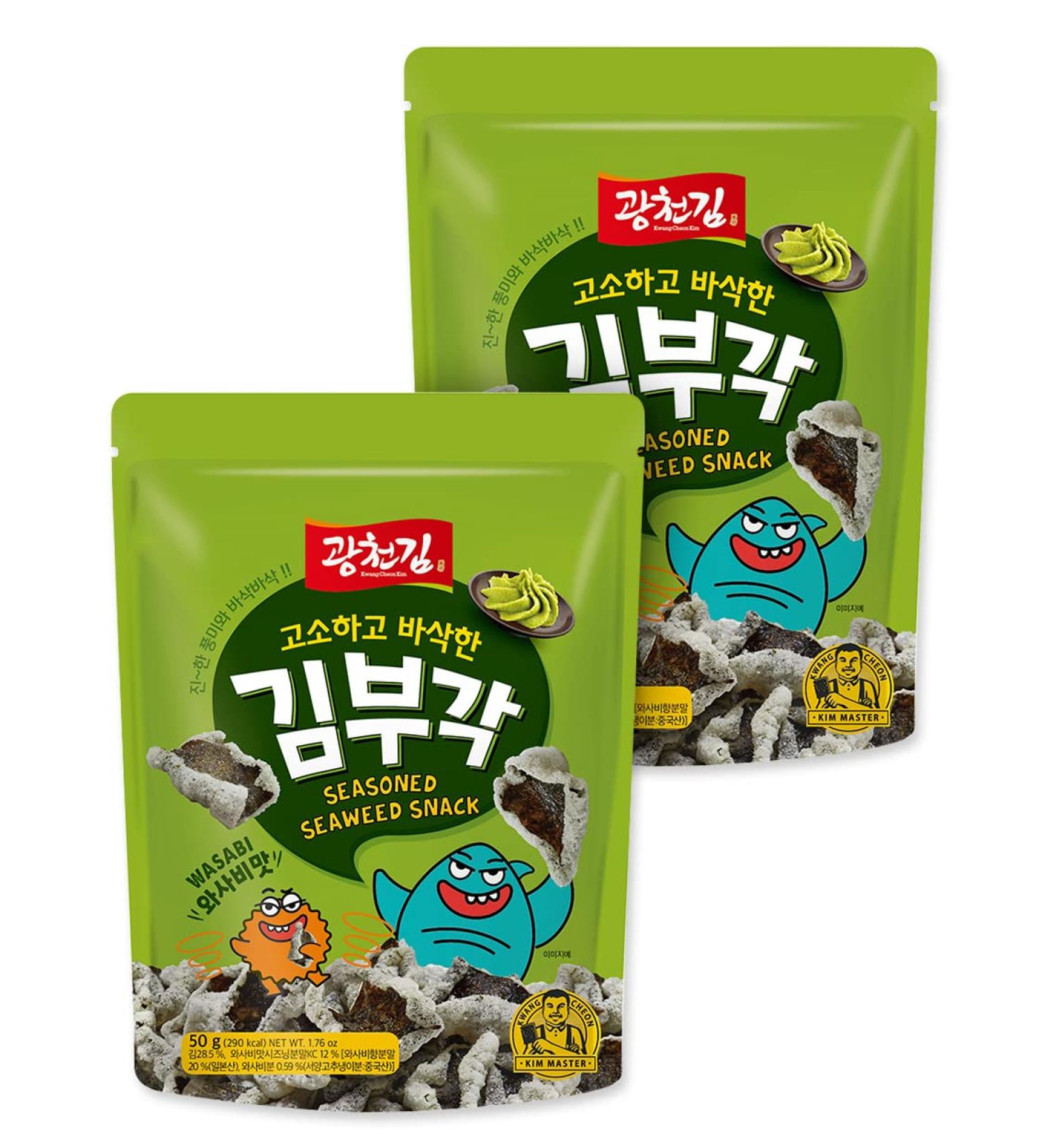 Kwangcheonkim Nutty & Crispy Kimbugak Seaweed Snack Wasabi Flavor 50g 1.76 oz (2 Pack) | Crunchy & Delicious Seaweed Snack | Resealable Bag - Buy Online on GoSupps.com