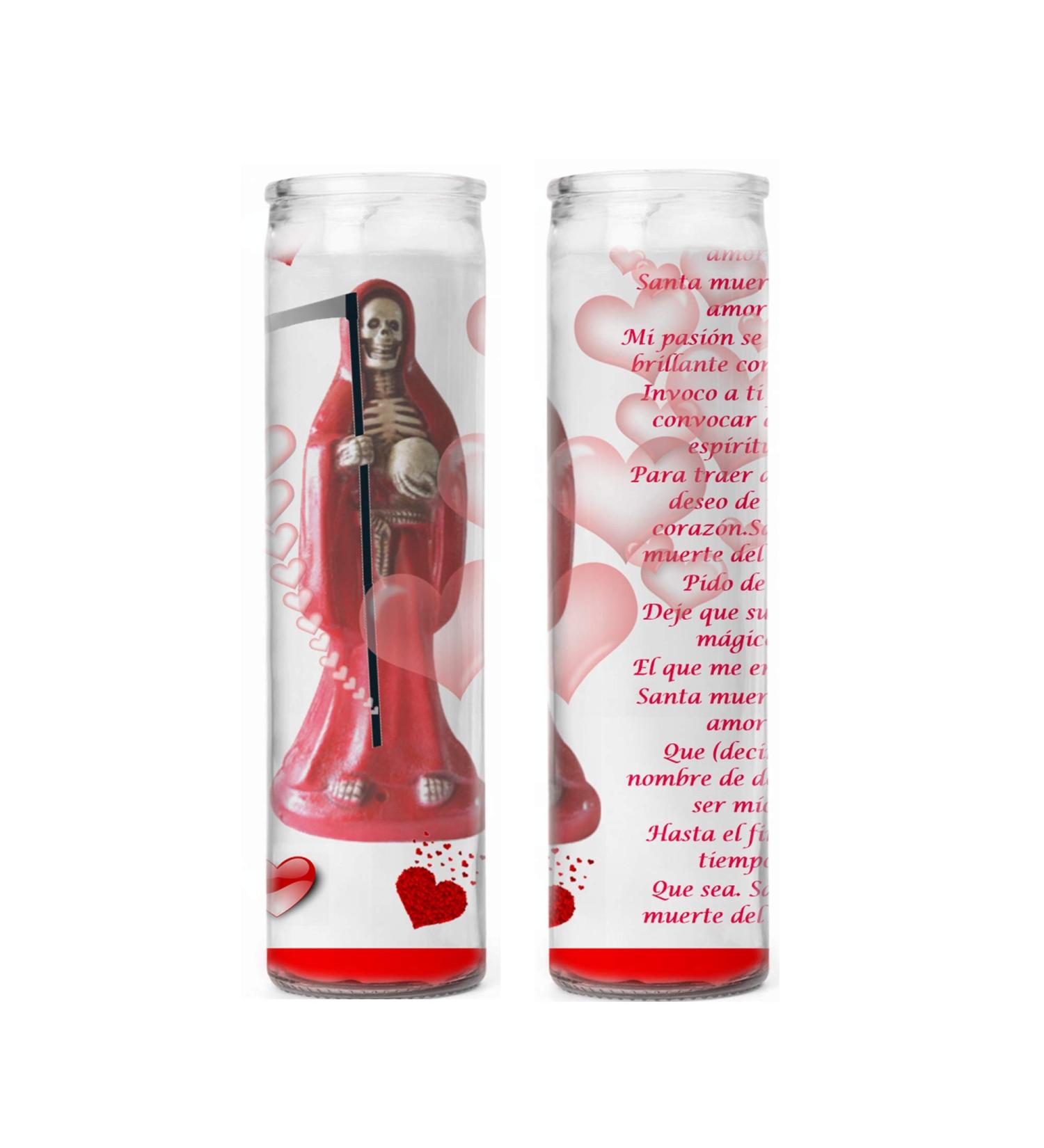 Santa Muerte para el Amor La Calaca La Patrona La Huesuda La Pelona La Chicharrona La Catrina 2 Veladoras Rojas con Oracion Incluye Postal de Bolsillo