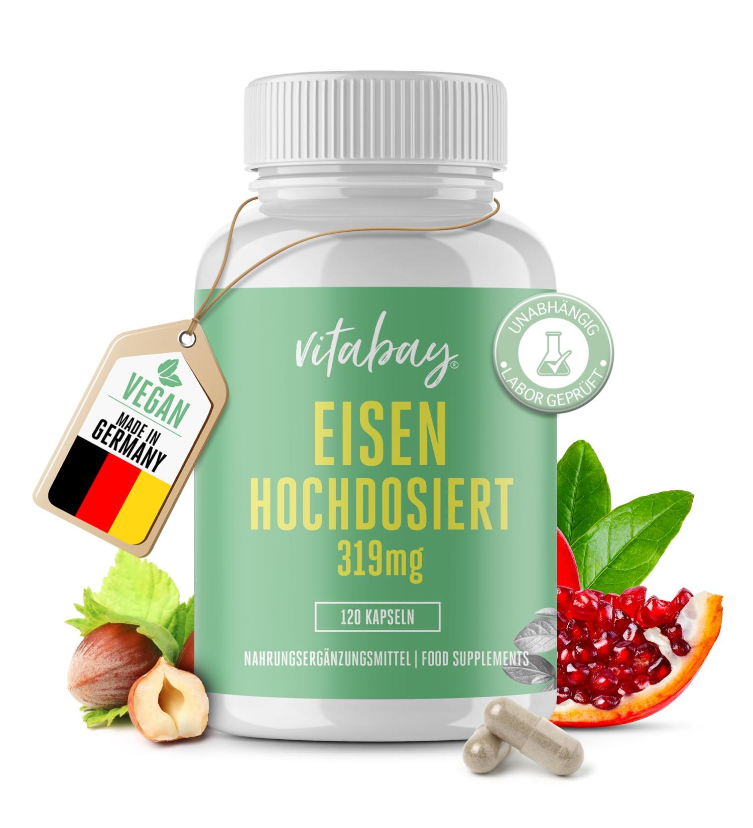 Vitabay High-Dosed Iron Capsules - 120 Vegan Iron Tablets with 319 mg Ironbis Glycinat | Premium Iron Supplement for Optimal Health - Buy Online on GoSupps.com