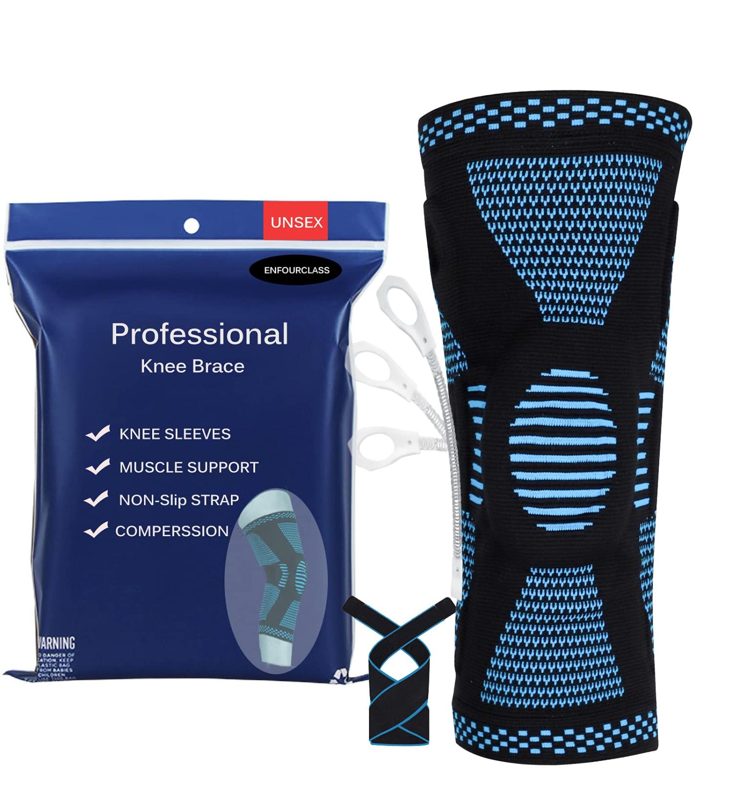 Knee Brace Compression Sleeve with Strap for Joint Pain Relief | Meniscus Tear Support | Black/Blue | Unisex | Enhanced Circulation | Ideal for Running & Basketball - Buy Online on GoSupps.com