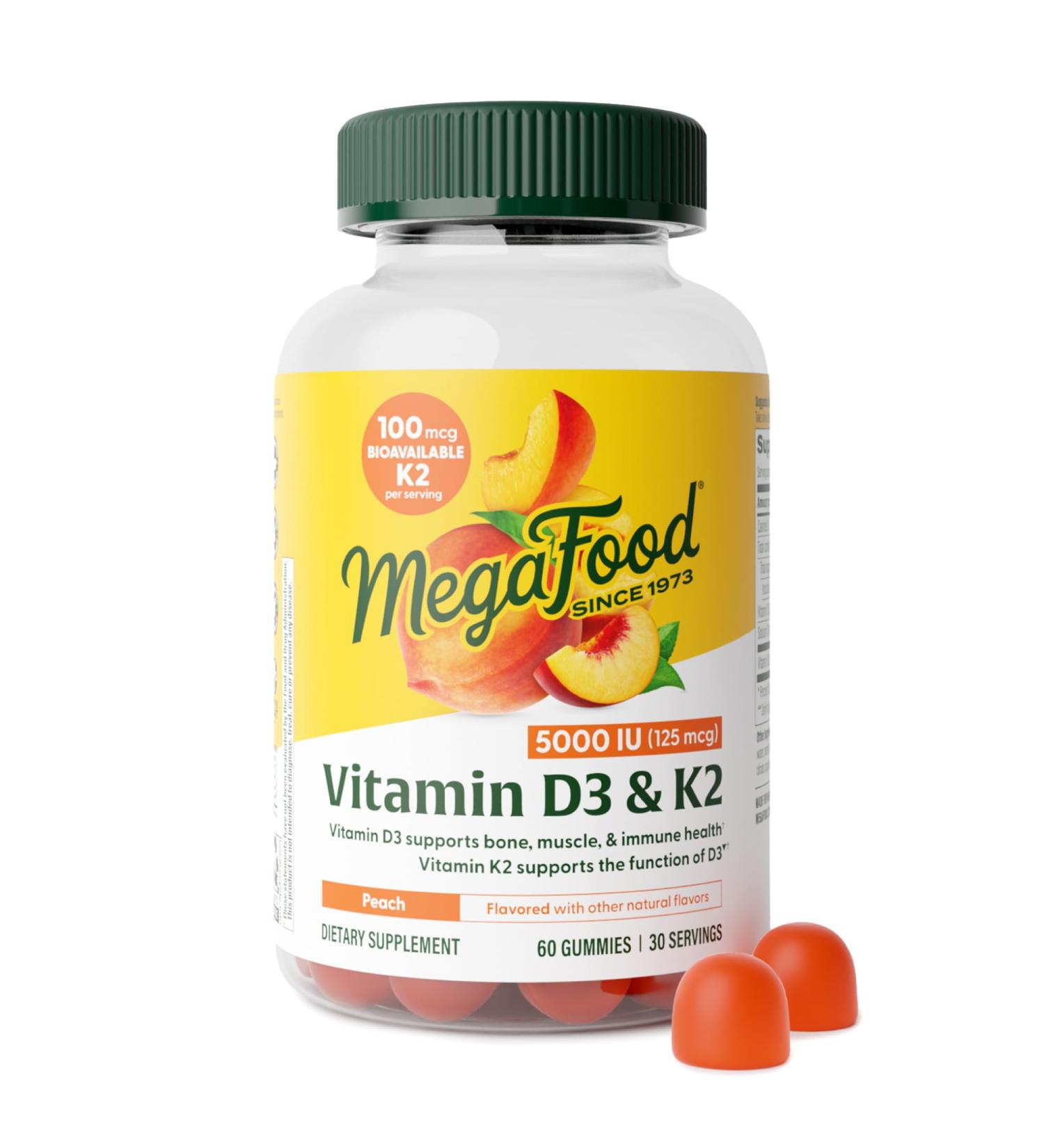 MegaFood Vitamin D3 K2 Gummies - Vitamin D 5000 IU for Bone & Immune Health Plus Support for Optimal Calcium Absorption - Peach Flavor Pectin Based - 60 Vegetarian D3 and K2 Supplements 30 Servings - Buy Online on GoSupps.com