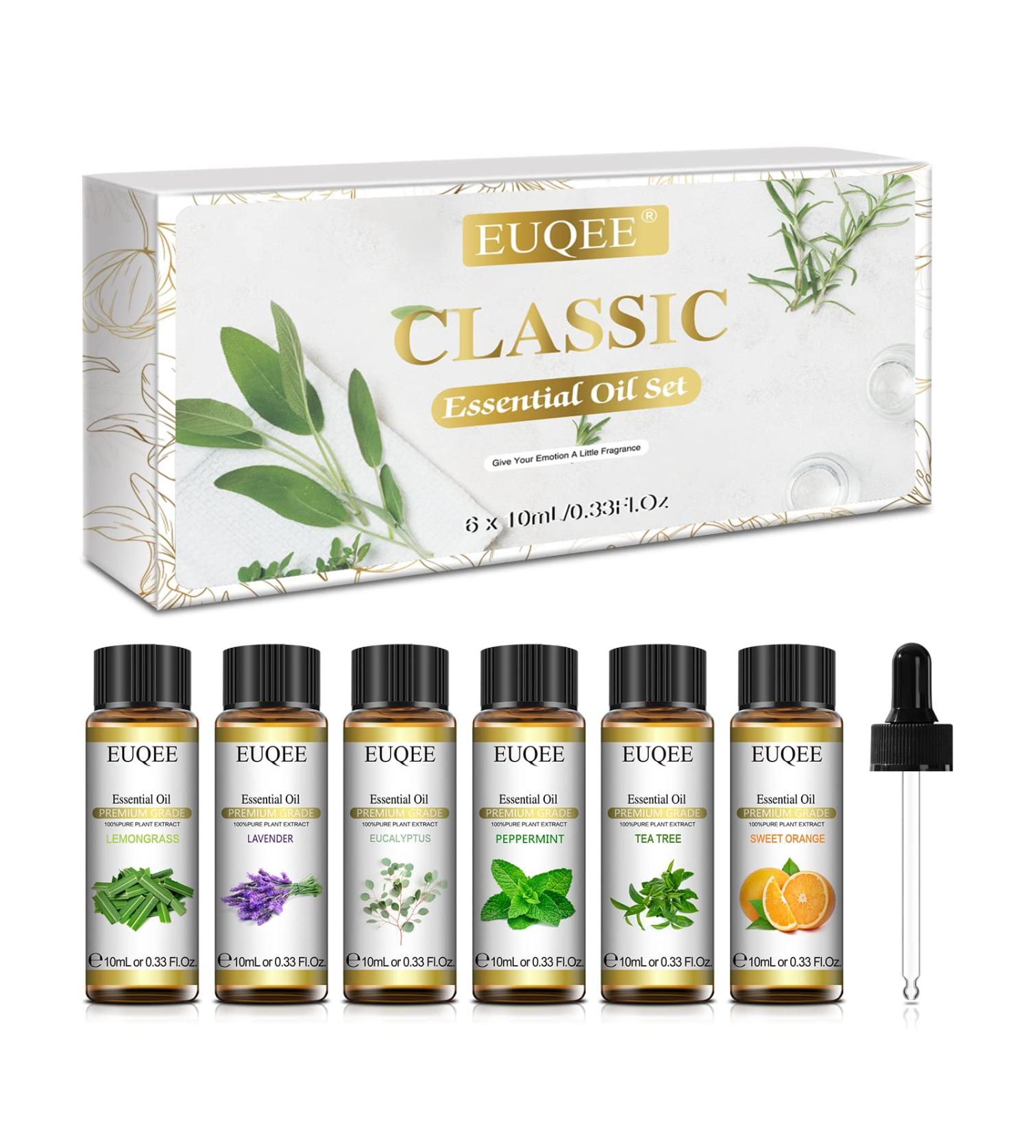 EUQEE Essential Oils Set - Lavender, Eucalyptus, Peppermint, Tea Tree, Sweet Orange, Lemongrass - 100% Pure Therapeutic Grade Aromatherapy Oils for Diffuser - 6 x 10ml White - Buy Online on GoSupps.com