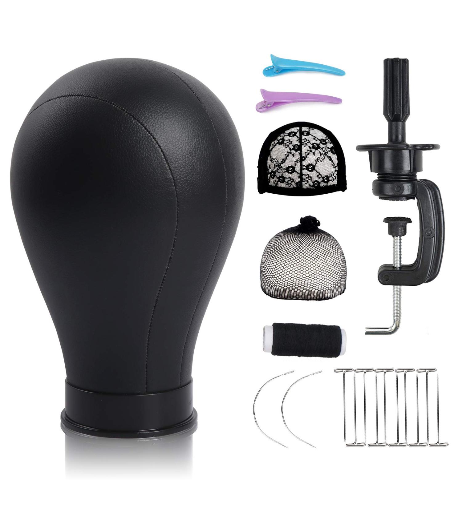 22 Inch Black Leather Wig Canvas Block Mannequin Head with C Stand - Ideal for Wigs Making & Display - Buy Online on GoSupps.com