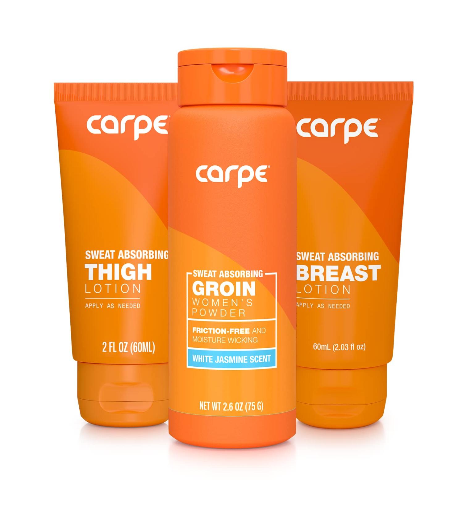 Carpe Women's Sweat Bundle Deal (1x Breast Sweat Absorbing Lotion 1x Thigh Chafe Lotion 1x Groin Powder) Women's Deodorant - Helps Absorb Excessive Sweat w/ Odor Protection for Sensitive Lady Parts - Buy Online on GoSupps.com
