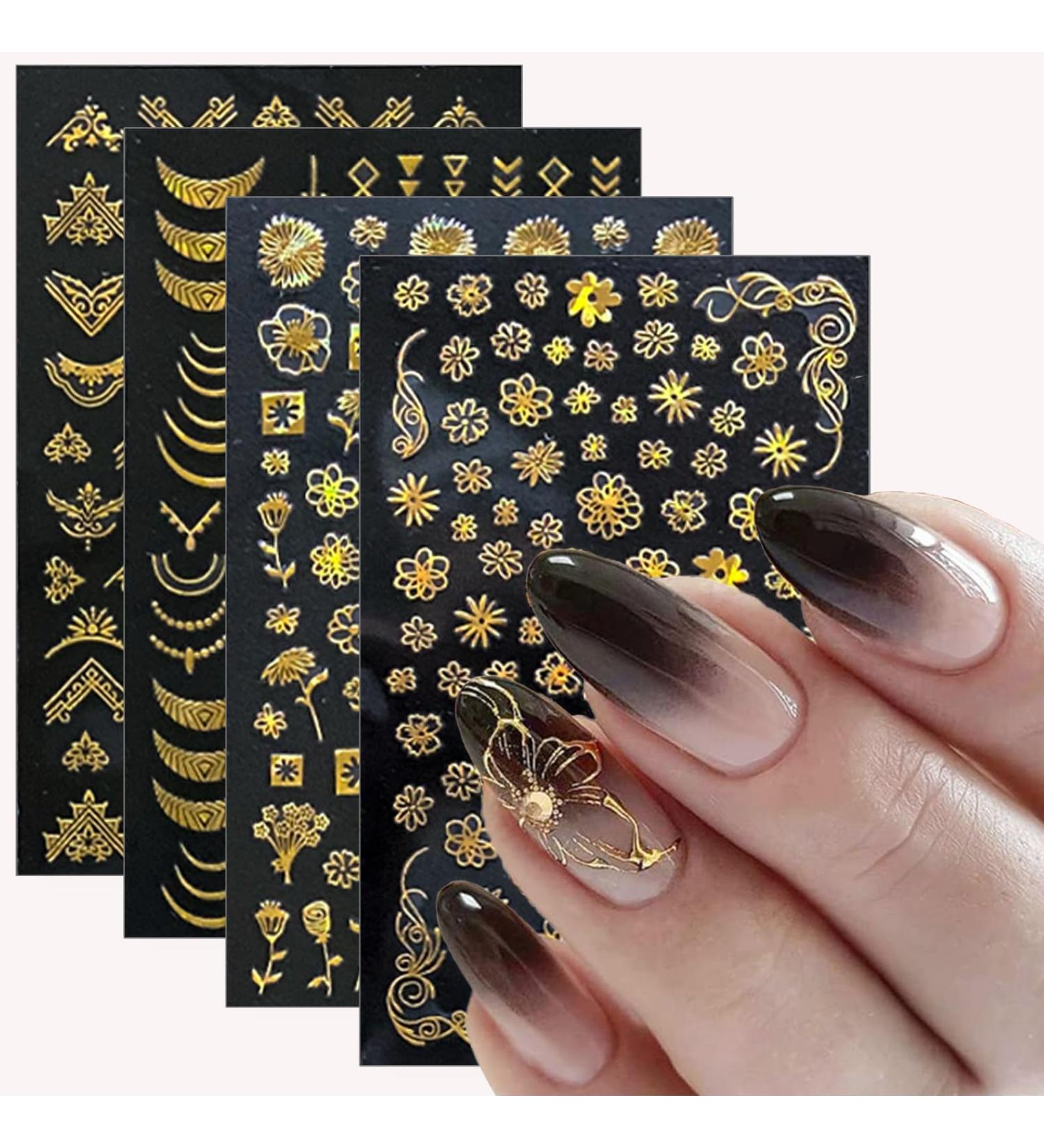 10 Sheets Gold Flowers Nail Art Stickers - 3D Self-Adhesive Floral Decals for Women | Metallic Nail Decor & Manicure Accessories - Buy Online on GoSupps.com