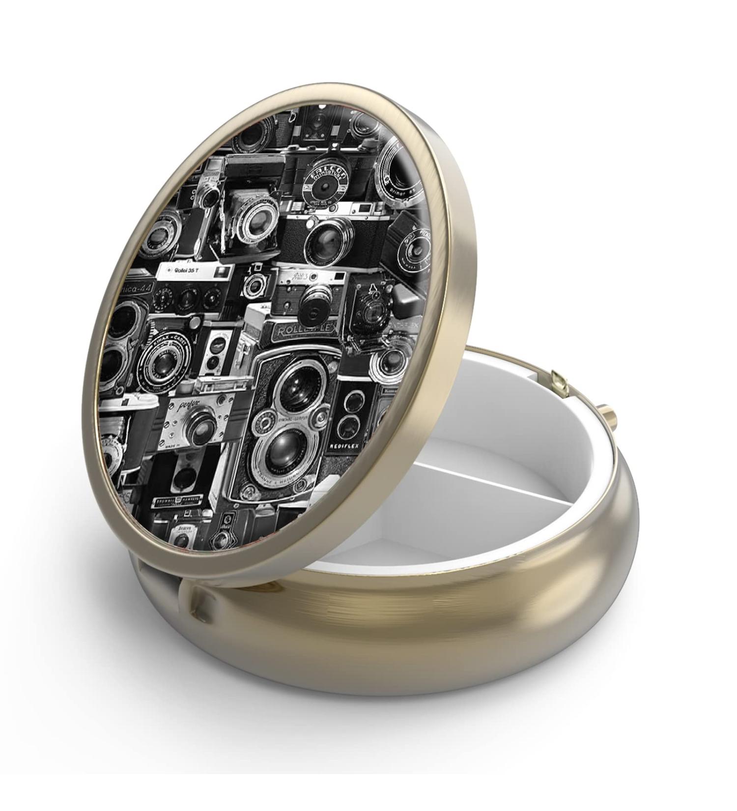 Small Retro Pill Box with Mirror - 3 Compartment Round Container for Vitamins & Fish Oil - Vintage Camera Art Design - International Shipping Available - Buy Online on GoSupps.com