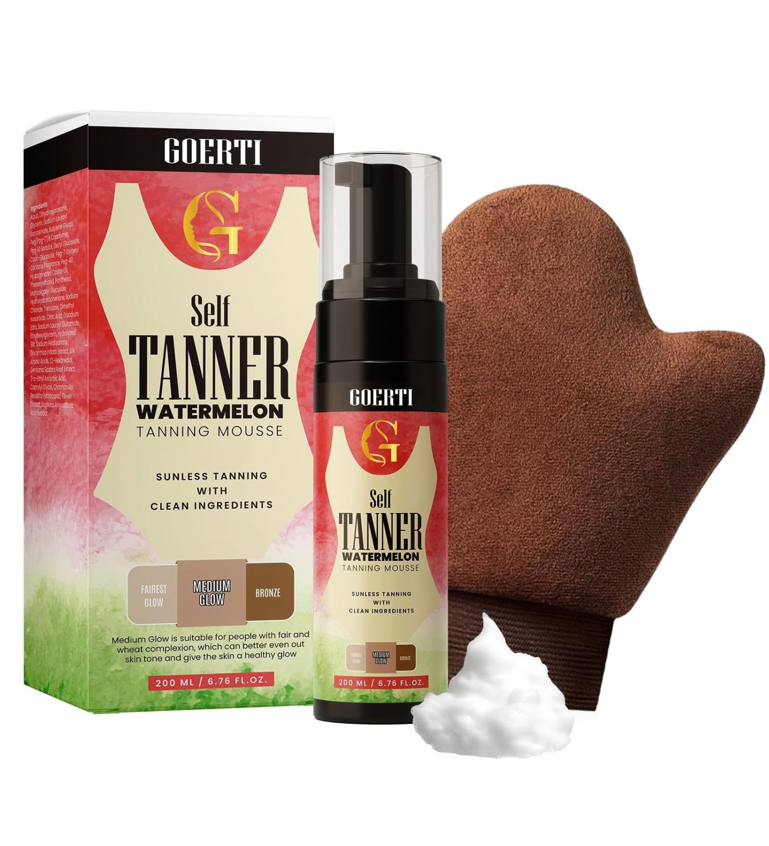 GOERTI Foaming Sunless Tanner Self Taning Mousse Instant Tan Streak-Free Quick-Dry Formula for a Natural Vegan Watermelon Scented Tanning Mousse for Flawless Medium Fake Tan with Tanning Glove - Buy Online on GoSupps.com