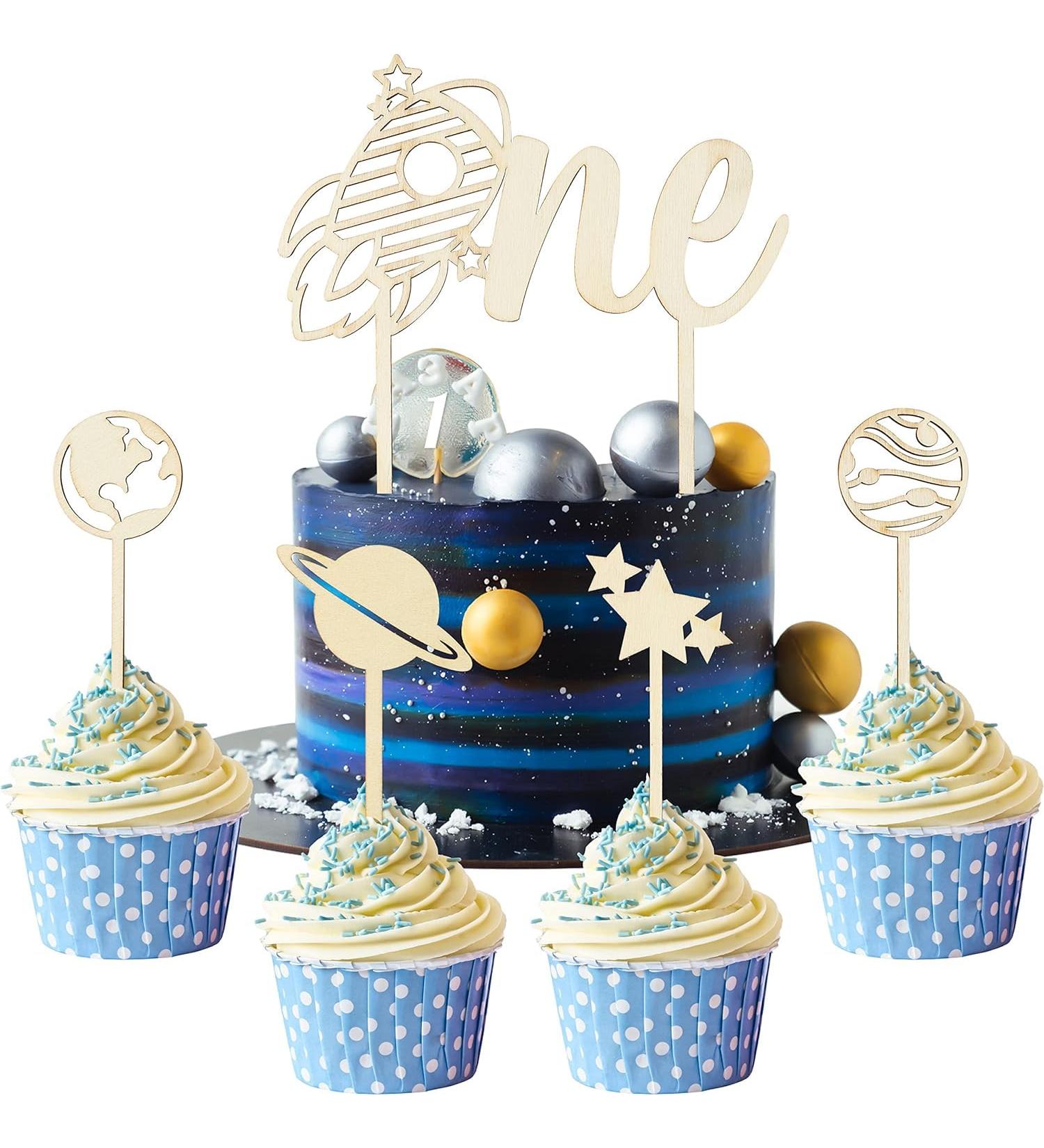 Haooryx 5pcs Outer Space Wood ONE Cake Toppers - Rocket 1st Birthday Cake Topper Wood Star Planet Cupcake Decor Outer Space DIY Cake Toppers Decor for Kids 1st Birthday Baby Shower Party Favor - Buy Online on GoSupps.com