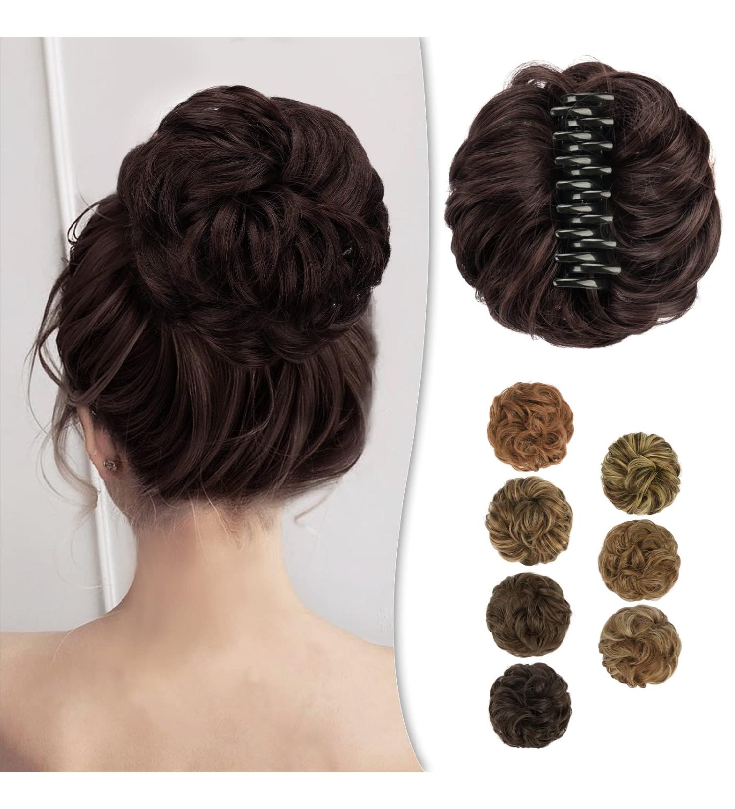 BARSDAR Claw Clip Messy Bun Hairpiece | Curly Synthetic Hair Extension for Women | Natural Black mix Chestnut Brown | Updo Chignon - Buy Online on GoSupps.com