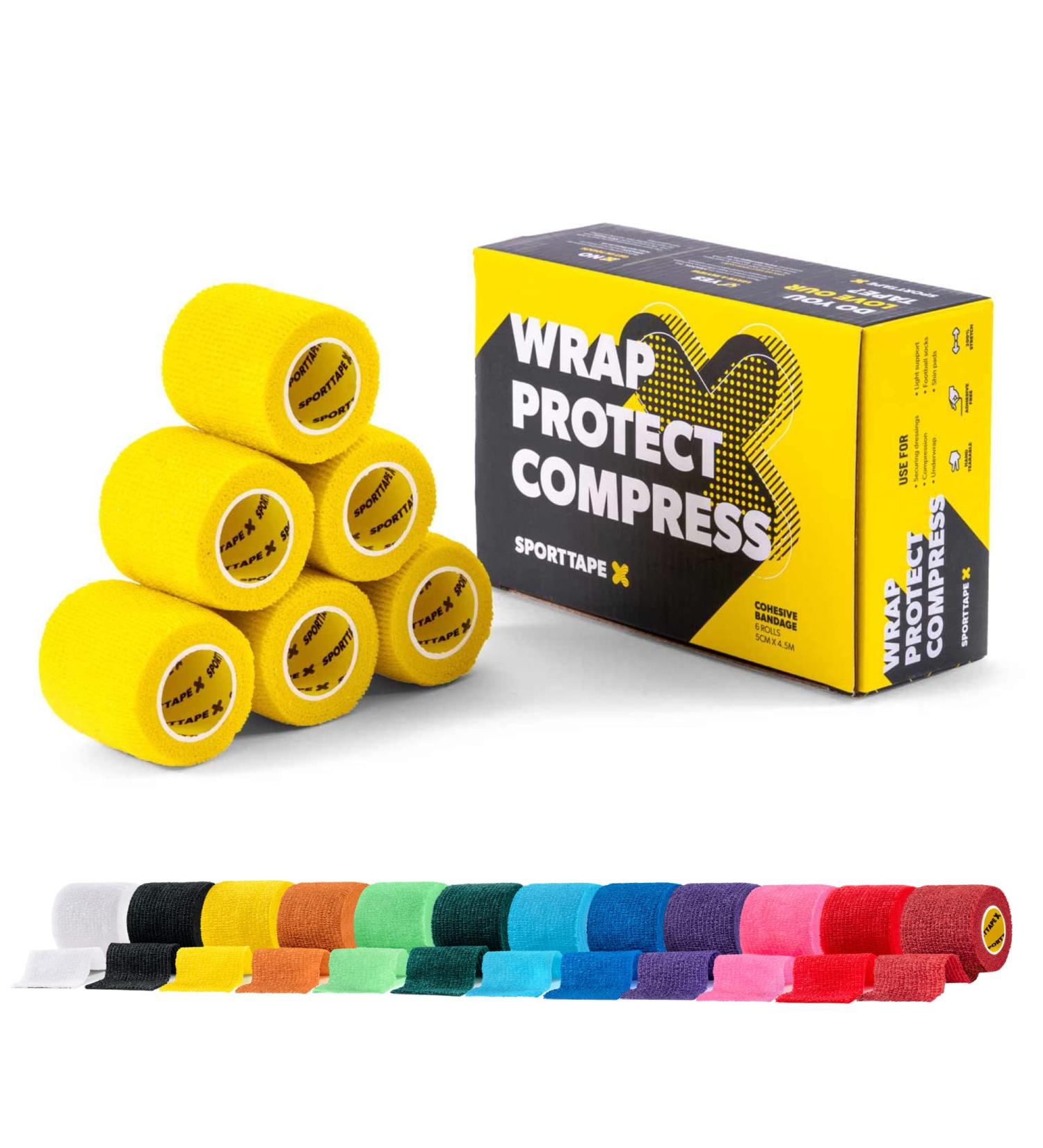 6 Rolls SPORTTAPE Self-Adhesive Football Sock Tape | 5cm x 4.5m - Yellow | Cohesive Bandage Sock Wrap Shin Pad Tape | Goalkeeper Wrist Tape & Football Ankle Tape | Pet & Vet Wrap for Dogs Horses Yellow 5x450 cm (Pack of 6) - Buy Online on GoSupps.com
