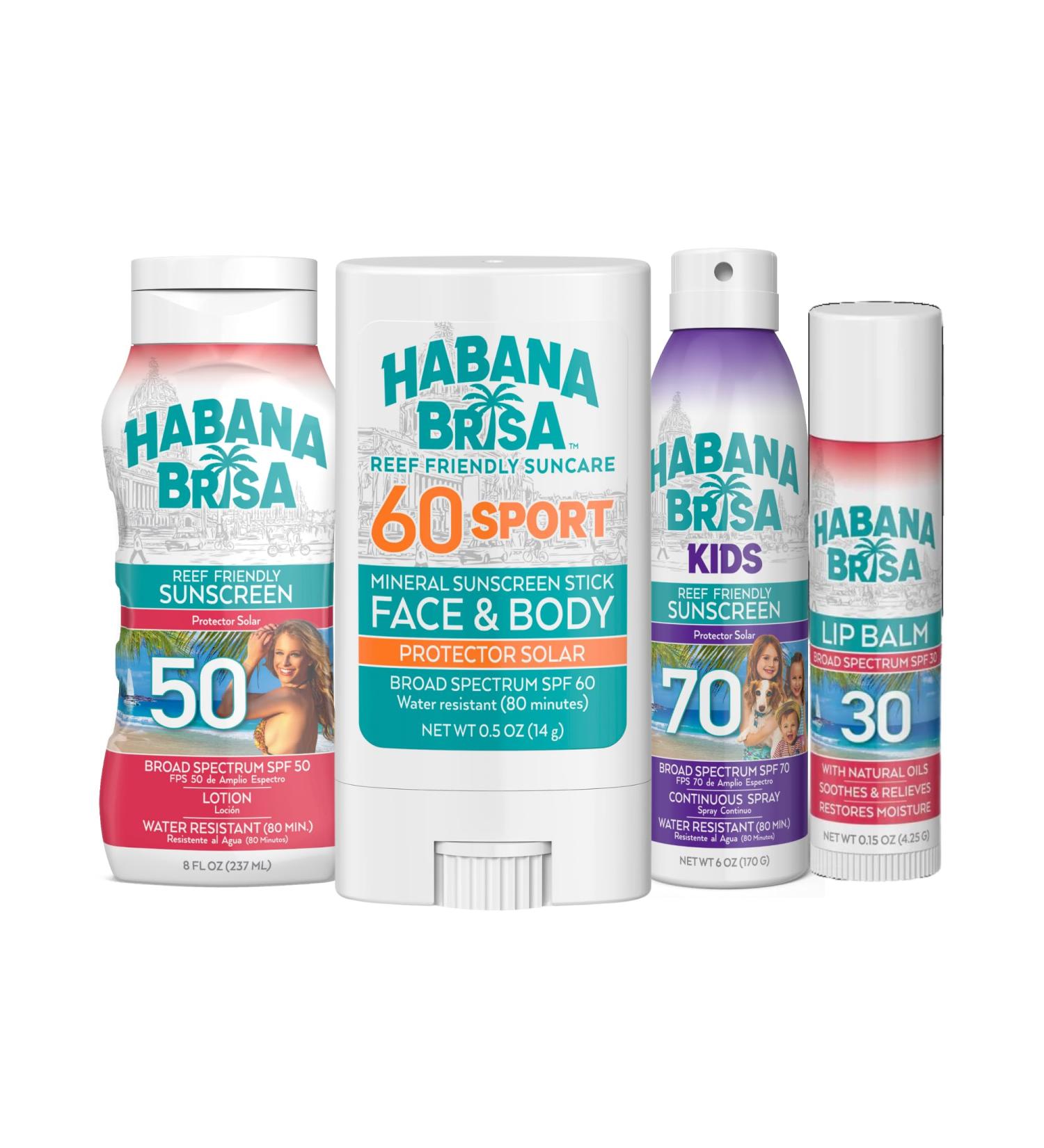 Habana Brisa Family Sunscreen Bundle - Reef-Friendly Broad Spectrum Protection SPF 30 50 60 & 70 for Kids & Adults Water-Resistant Vegan Non-GMO Lip Balm Mineral Face Stick Spray &Lotion