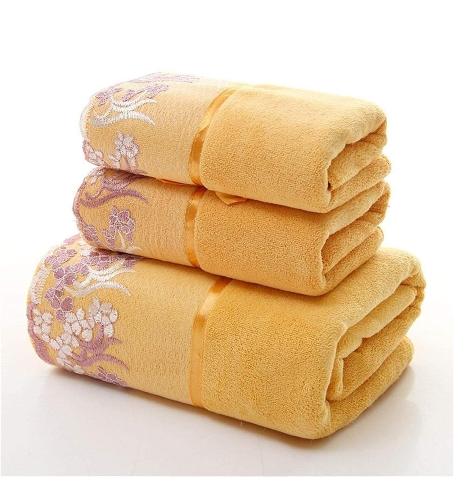 Lace Edge Embroidered Bath Towel Set - Super Absorbent Fiber - Yellow - 3 Piece Set - Buy Online on GoSupps.com
