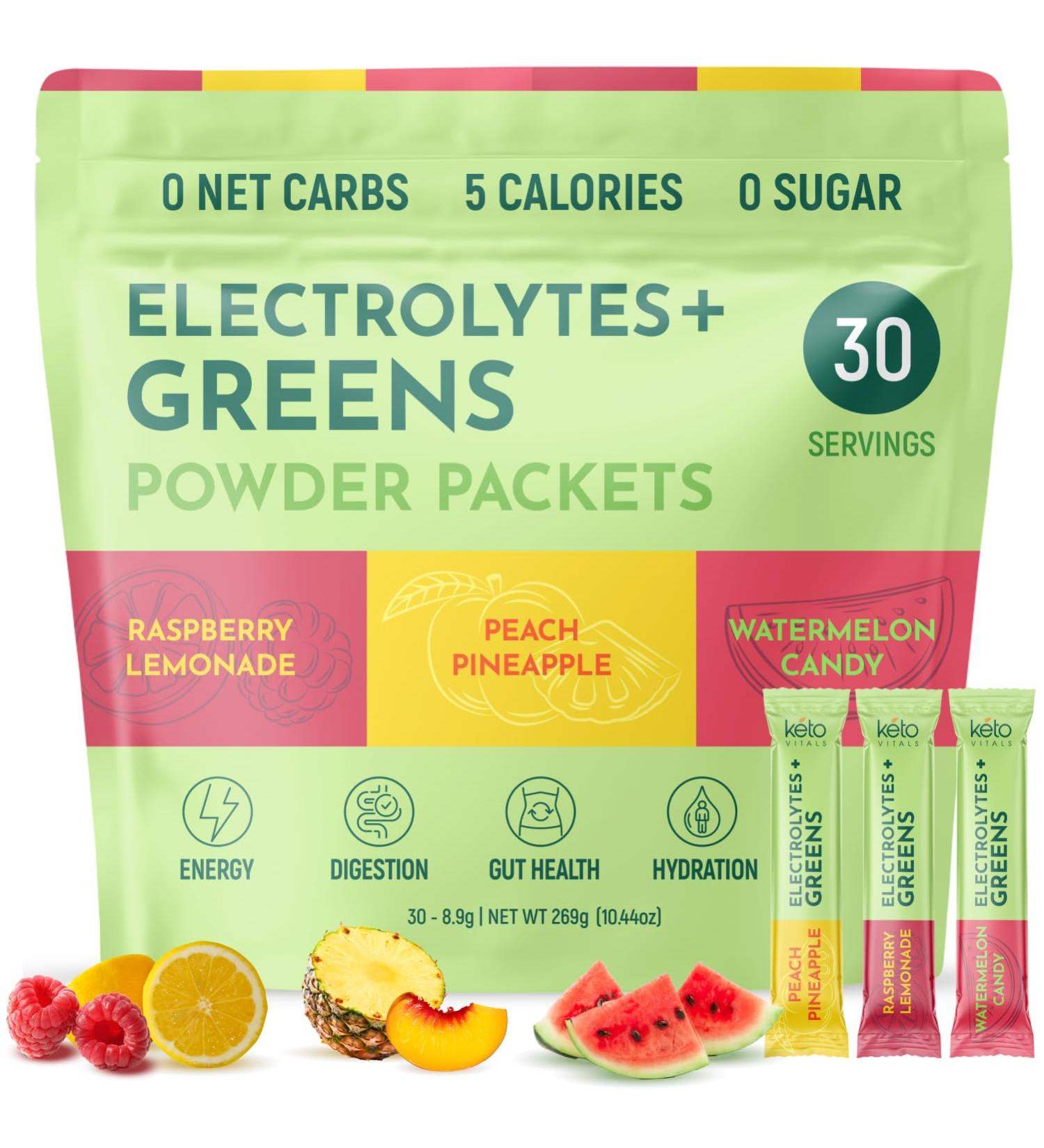 Keto Vitals Keto Electrolytes Plus Greens Superfood Powder Packets - 30 Servings Super Greens Powder Packets with Sugar Free Electrolytes for Hydration Gut Health & Digestion - Green Drink Mix Greens+Electrolytes 30 Servin  - Buy Online on GoSupps.com