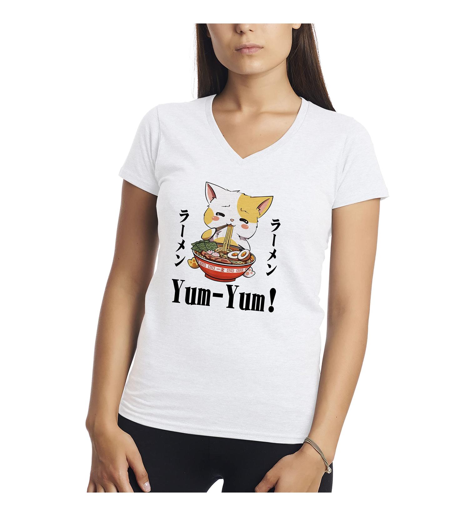 Kawaii Neko Ramen Lover Japanese Noodle Anime Women's V-Neck Shirt White S