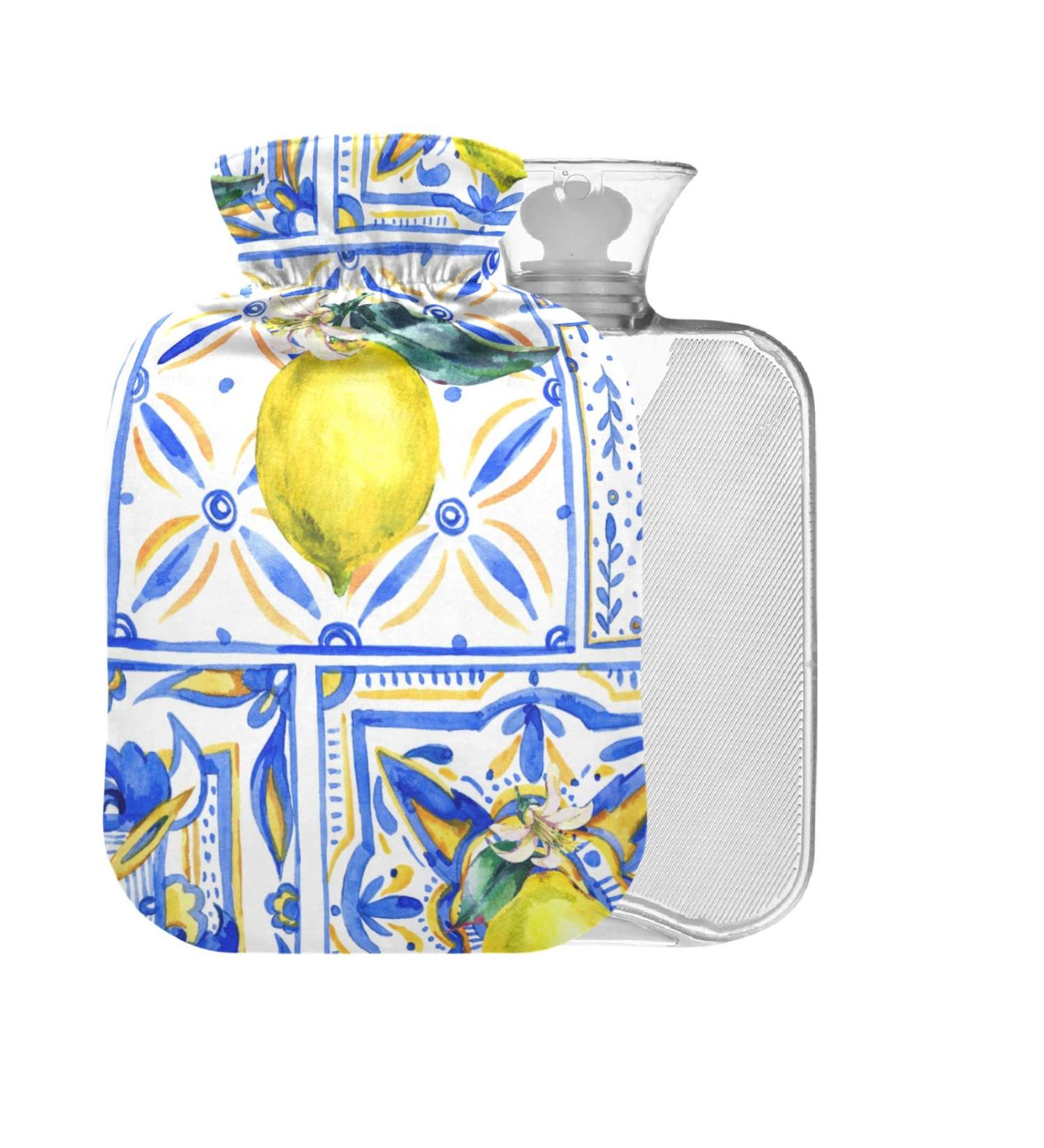 Hot Water Bottle with Cover - 1L Small for Pain Relief | Bed Hand & Feet - BPA-Free Lemon Fruits Design - Buy Online on GoSupps.com