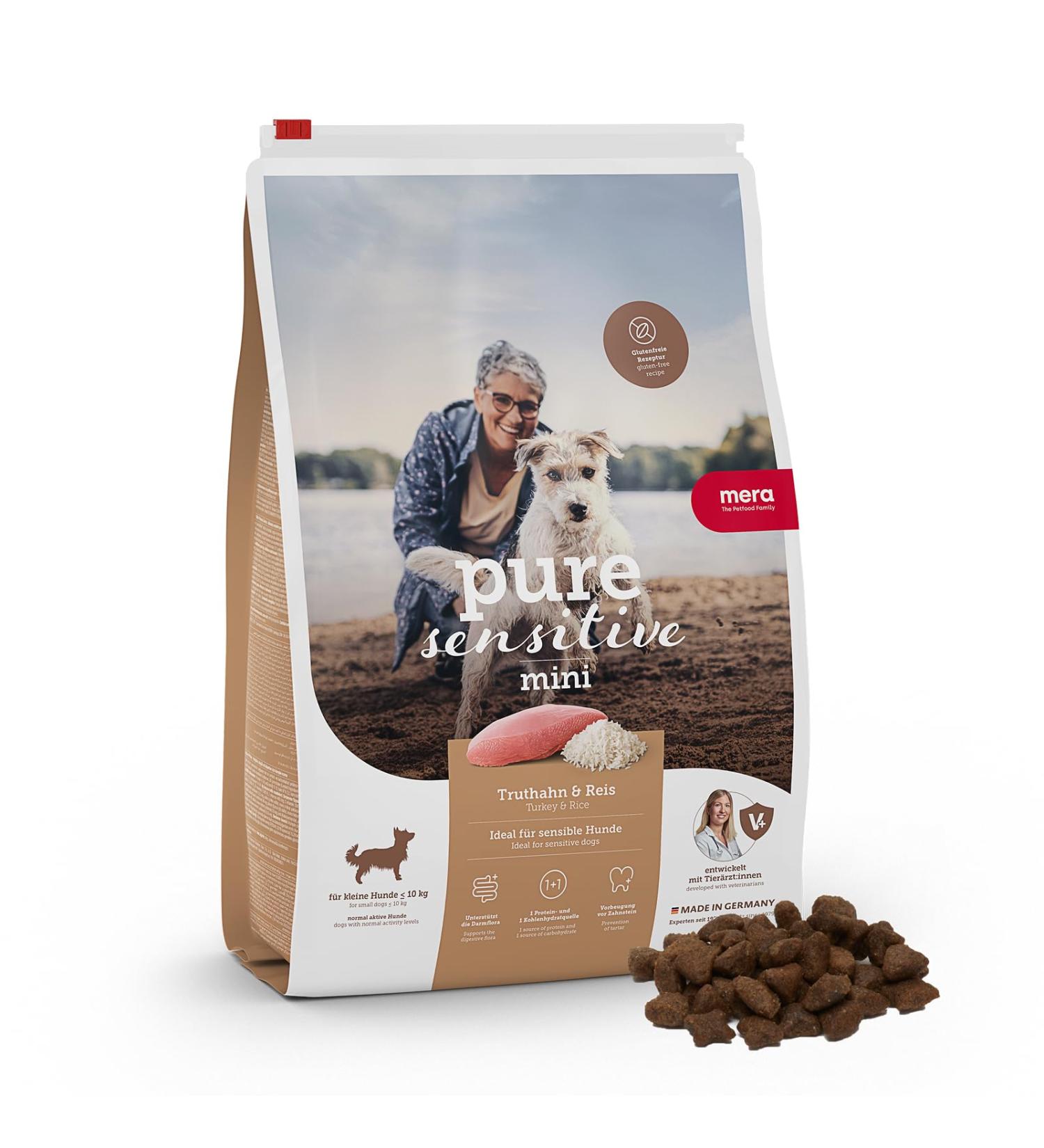 MERA Pure Sensitive Mini Turkey and Rice Croquettes for small Sensitive Dogs small Croquettes without Wheat and without Sugar (4 kg) - Buy Online on GoSupps.com