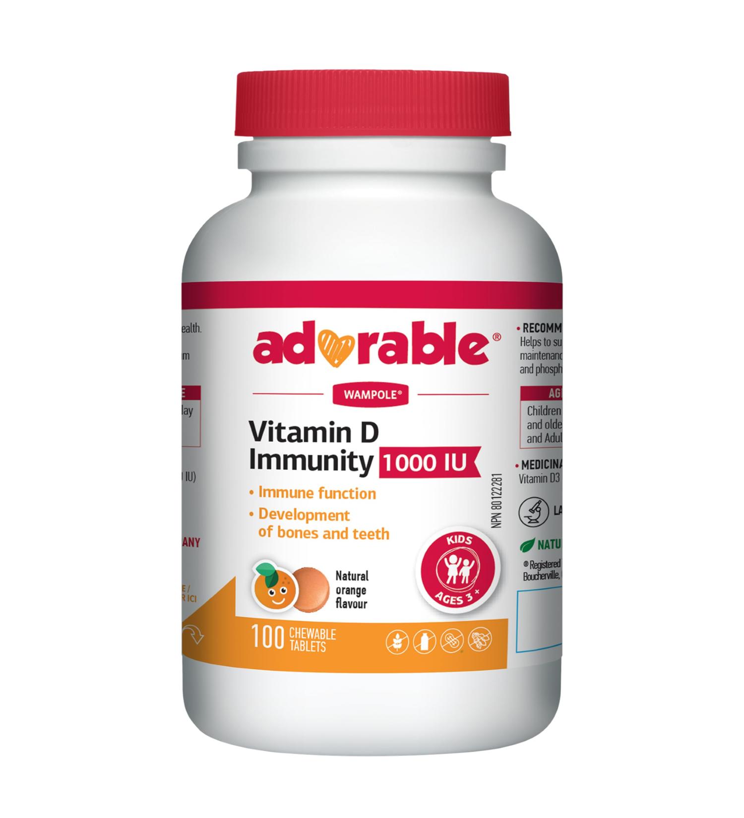 Wampole Adorable Vitamin D Immunity 1000 IU Helps Support Immune Function 100 chewable tablets For Children Age 3 and Up - Buy Online on GoSupps.com