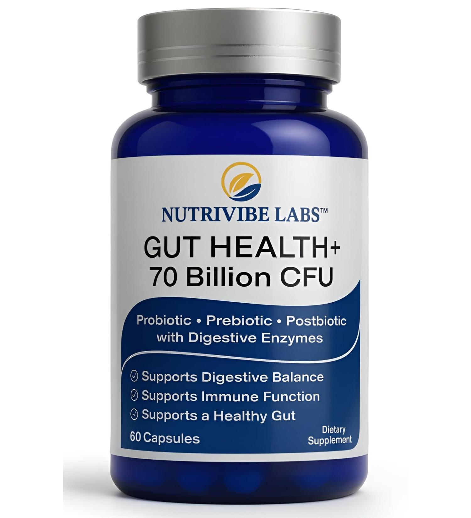 NUTRIVIBE LABS 6-in-1 Gut Health 70 Billion CFU 10 Strains Probiotics Prebiotics Postbiotics Digestive Enzymes + L-Glutamine & Zinc Supports Digestion & Immunity Delayed Release 60 Capsules - Buy Online on GoSupps.com