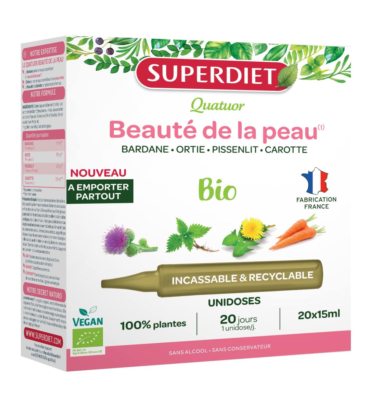 SUPERDIET - ORGANIC SKIN BEAUTY QUARTET - Burdock Nettle Dandelion Carrot -Phytotherapy - NOMAD FORMAT - 20 single doses of 15 ml - Buy Online on GoSupps.com