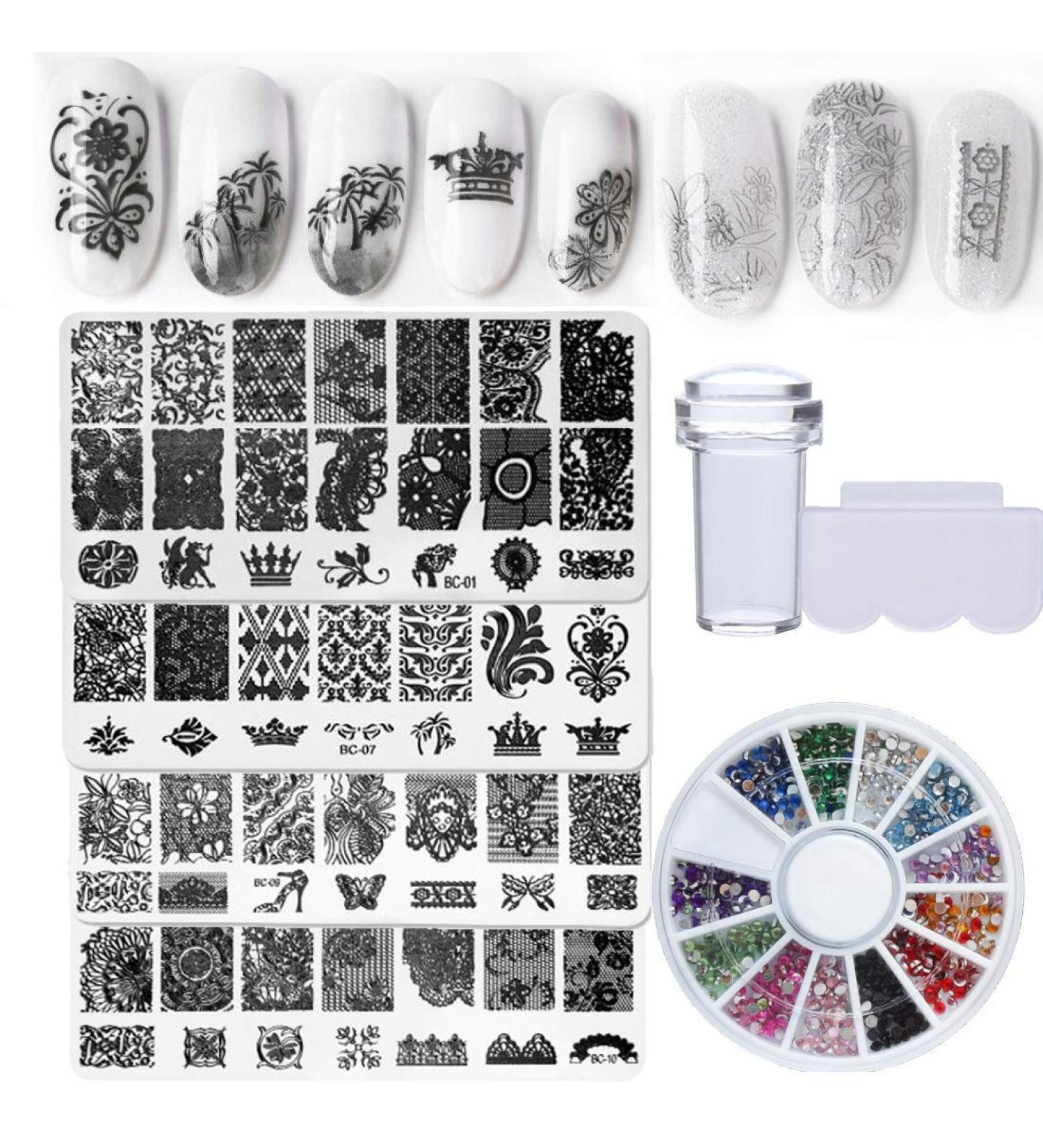 Floral Nail Stamper Kit with 4 Stamping Plates | DIY Nail Art Decoration Set with Clear Stamper, Scraper, and Rhinestones | Bi015b - Buy Online on GoSupps.com