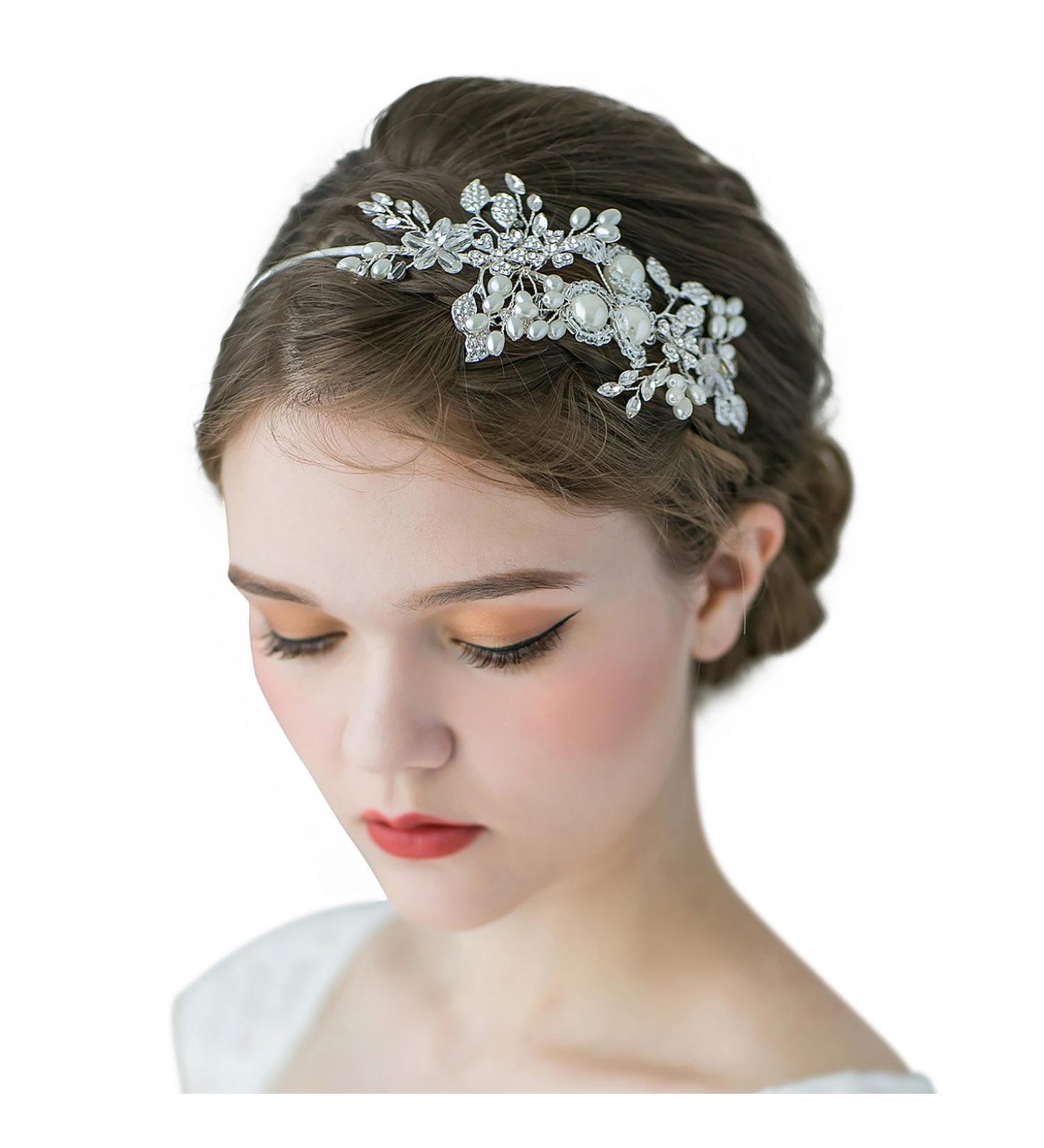SWEETV Handmade Pearl Wedding Headband - Silver Rhinestone Bridal Hair Band - Buy Online on GoSupps.com